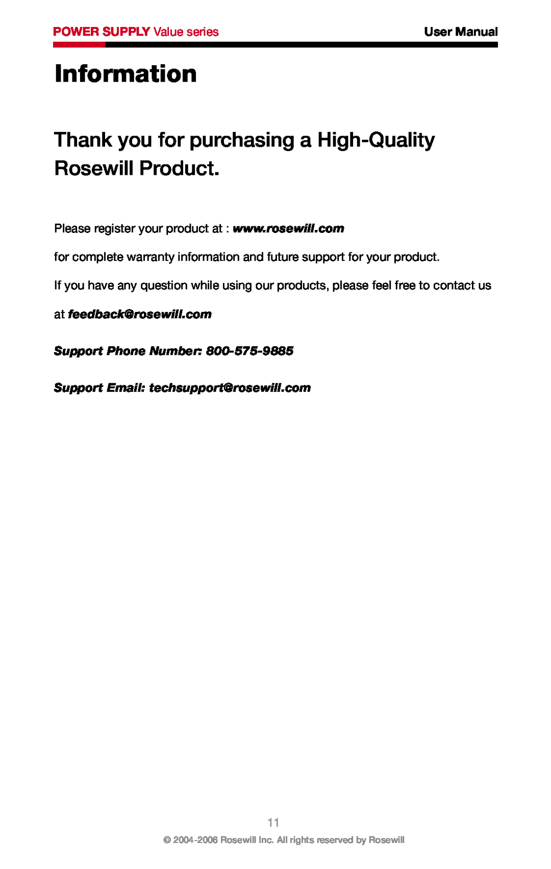 Rosewill RV-430-2-FRB Information, Thank you for purchasing a High-Quality Rosewill Product, POWER SUPPLY Value series 