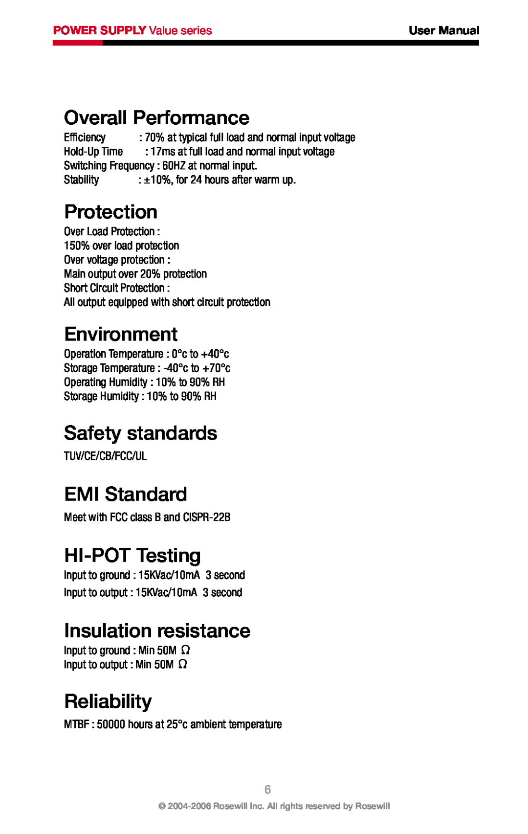 Rosewill RV-380-2-FRB Overall Performance, Protection, Environment, Safety standards, EMI Standard, HI-POT Testing 