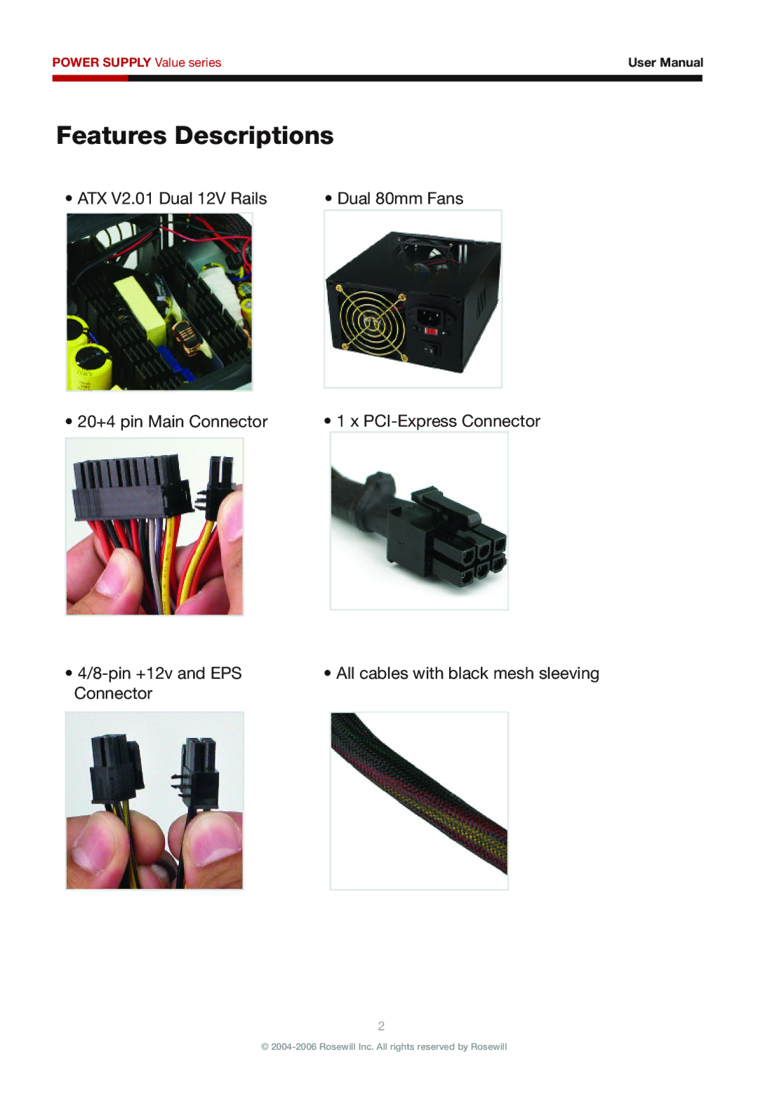 Rosewill RV380-2-FRB-S manual Features Descriptions, Connector 