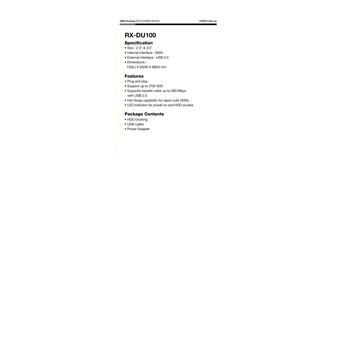 Rosewill RX-DU100, RX-DUS100 user manual Specification, Features, Package Contents 