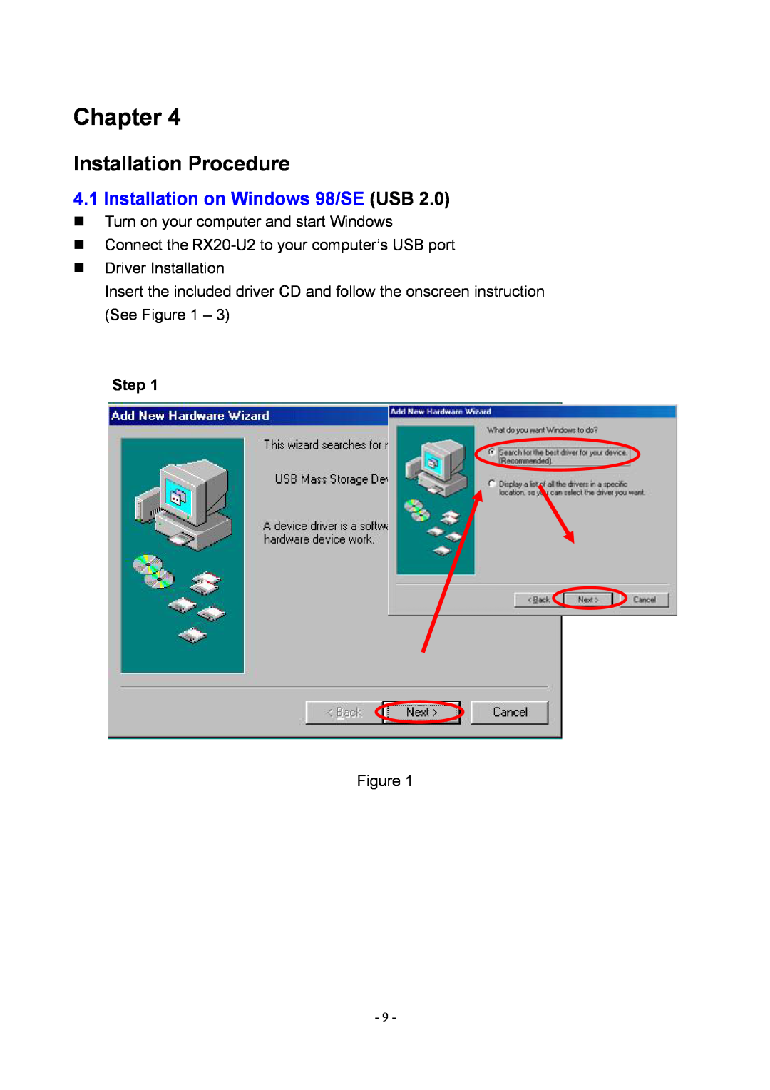 Rosewill RX20-U2 Installation Procedure, Installation on Windows 98/SE USB, „ Turn on your computer and start Windows 