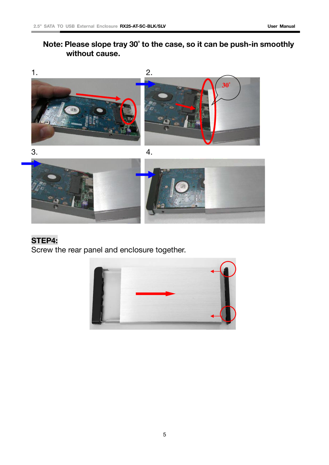 Rosewill RX25-AT-SC-BLK/SLV user manual Screw the rear panel and enclosure together 