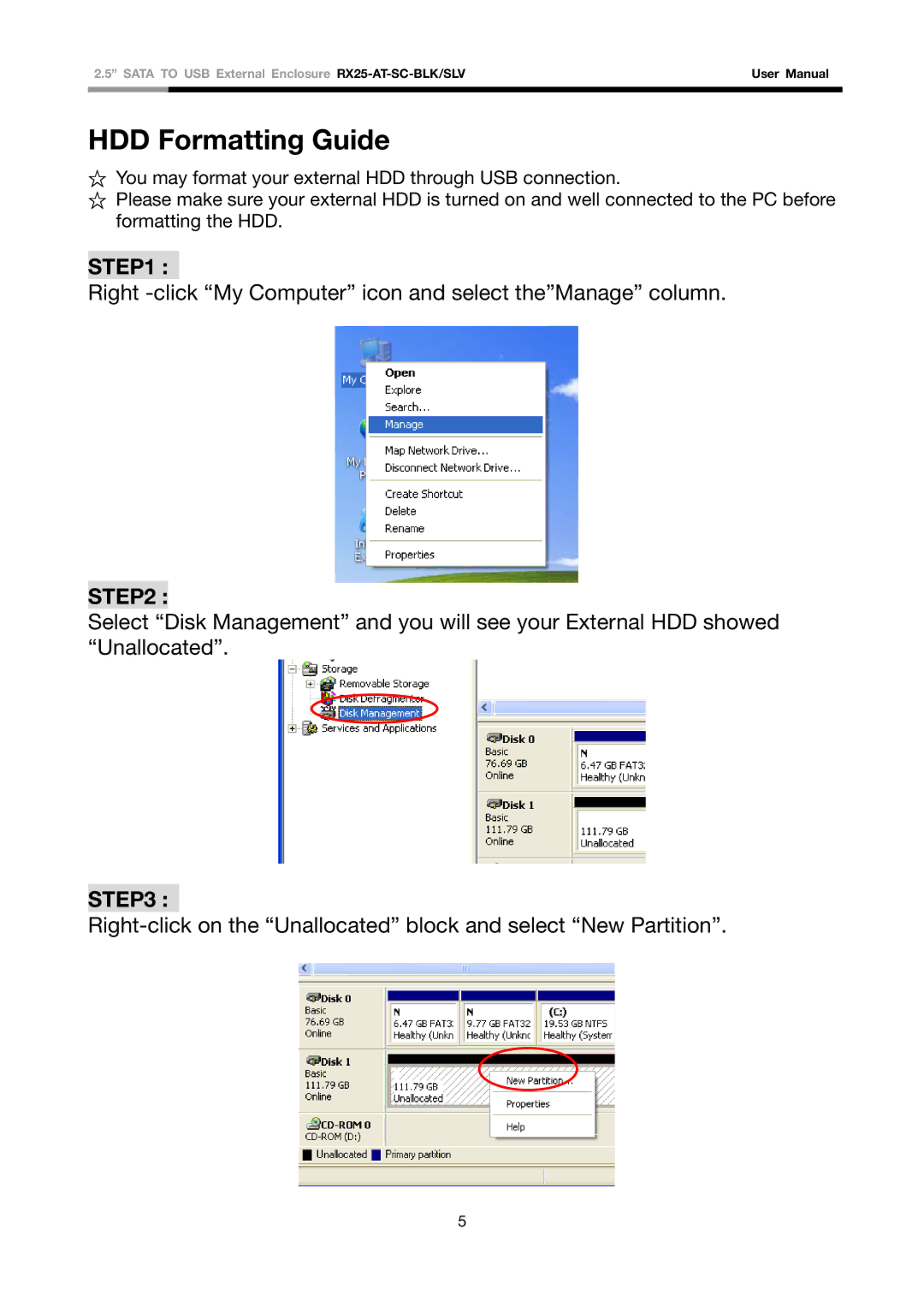 Rosewill RX25-AT-SC-BLK/SLV user manual HDD Formatting Guide 