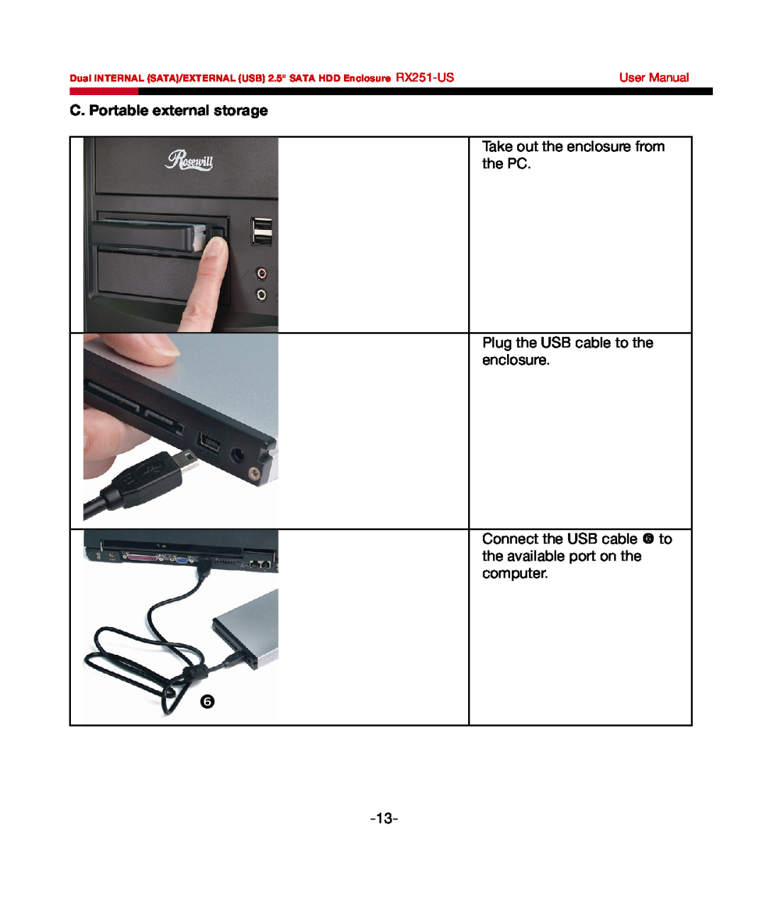 Rosewill RX251-US user manual C. Portable external storage, User Manual 