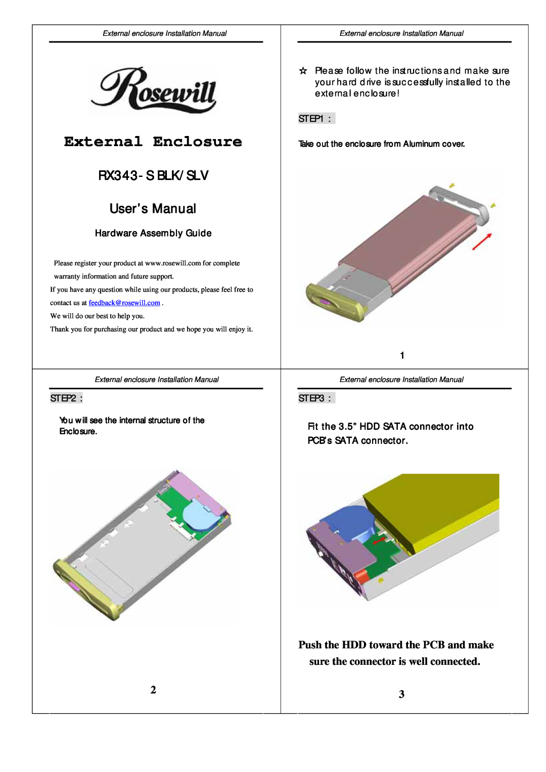 Rosewill RX343-S BLK/SLV user manual Hardware Assembly Guide, Fit the 3.5” HDD SATA connector into, PCB’s SATA connector 