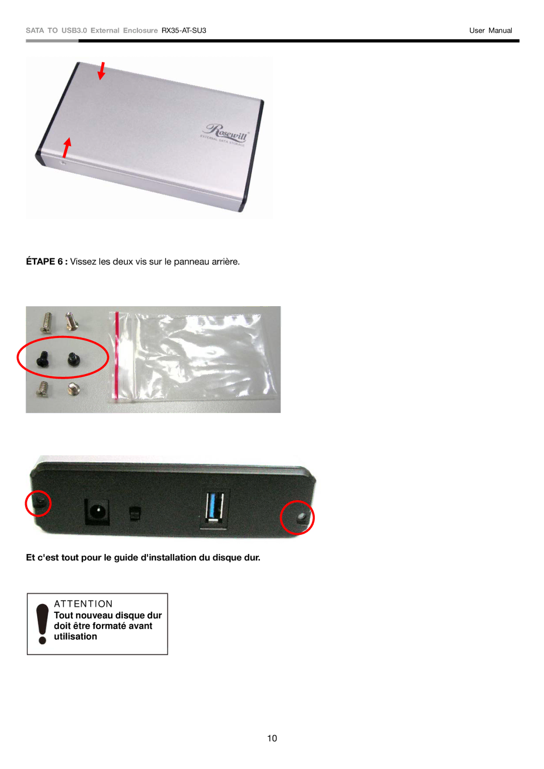 Rosewill RX35-AT-SU3 user manual Étape 6 Vissez les deux vis sur le panneau arrière 