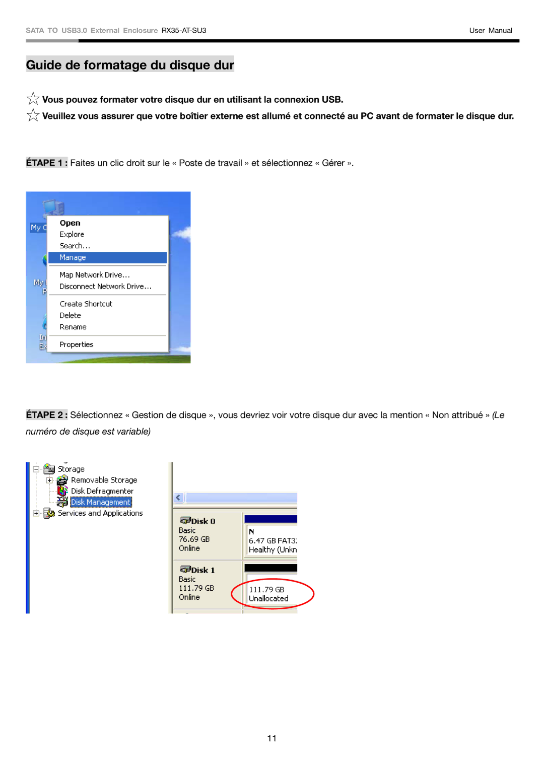 Rosewill RX35-AT-SU3 user manual Guide de formatage du disque dur 