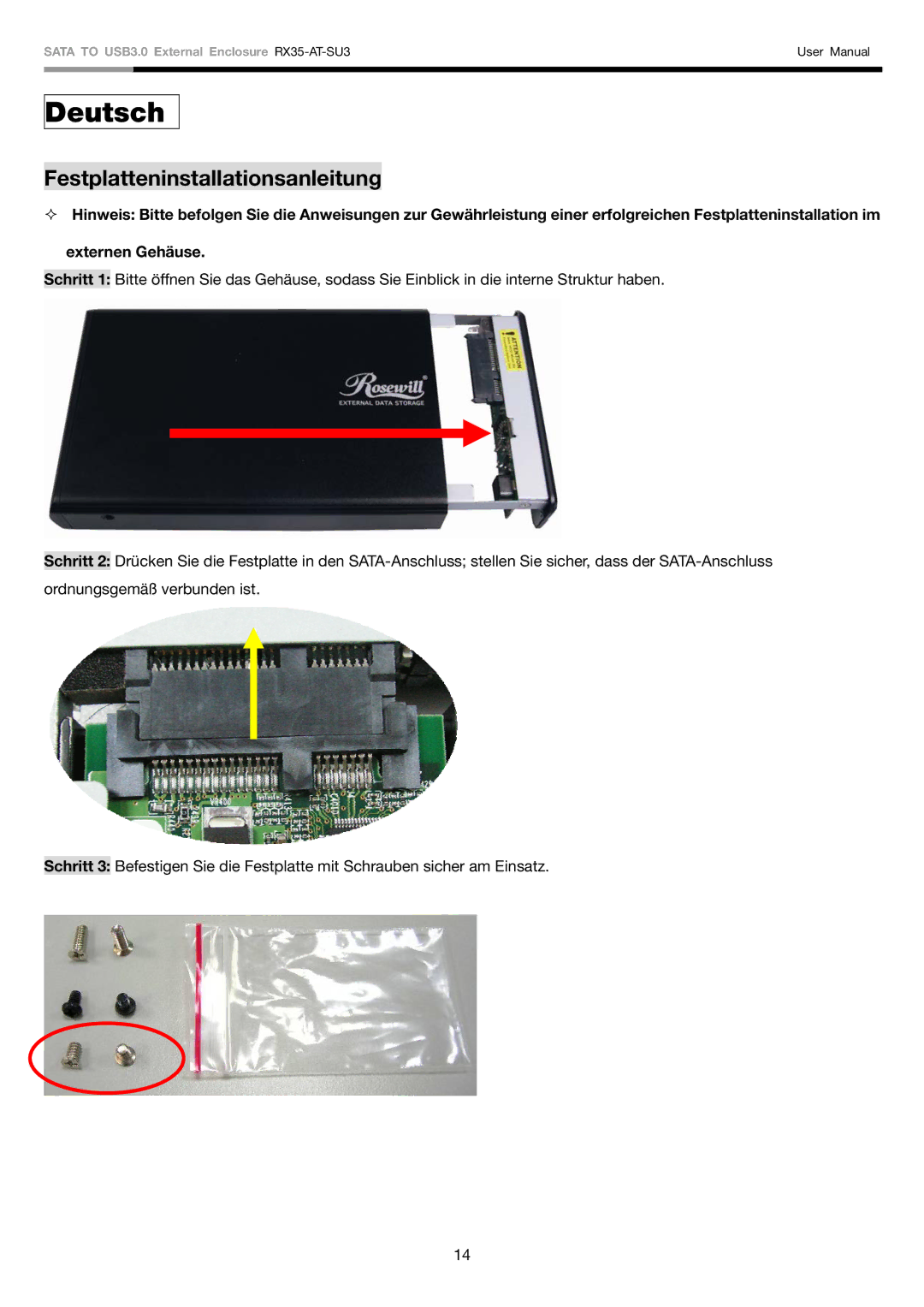 Rosewill RX35-AT-SU3 user manual Deutsch, Festplatteninstallationsanleitung 