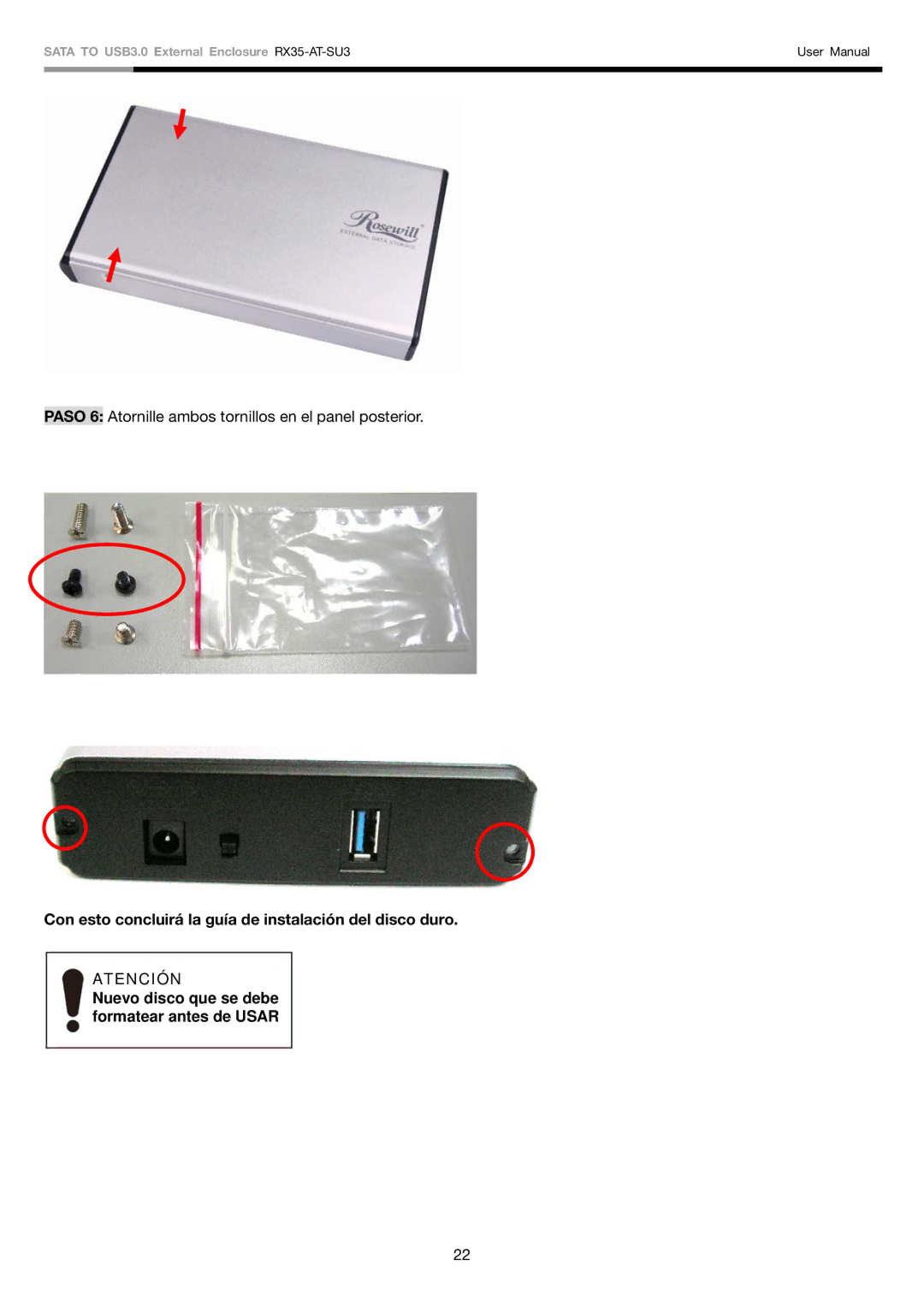 Rosewill RX35-AT-SU3 user manual Atención 