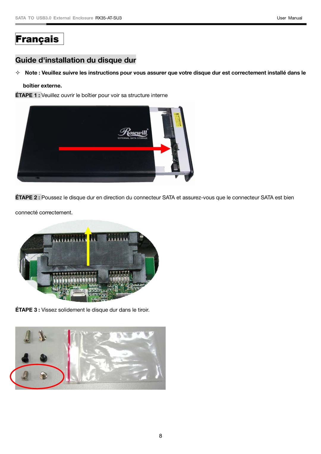 Rosewill RX35-AT-SU3 user manual Français, Guide dinstallation du disque dur 