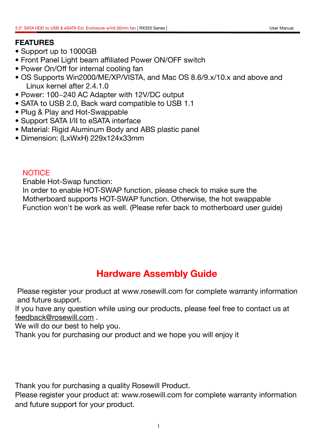 Rosewill RX353 user manual Hardware Assembly Guide 