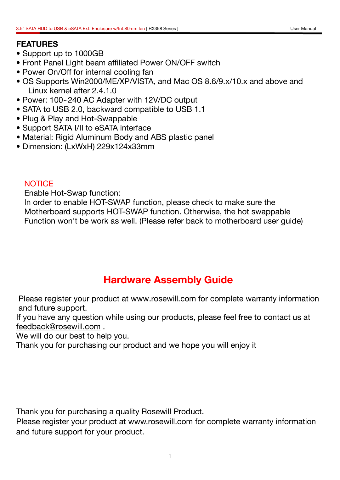 Rosewill RX358 user manual Hardware Assembly Guide 