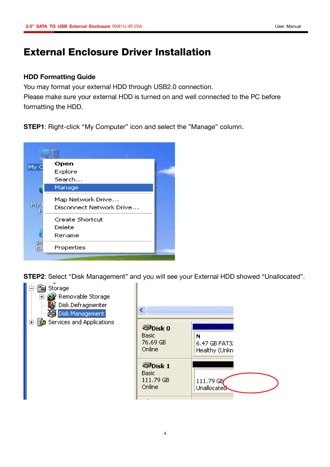 Rosewill RX81U-AT-25A user manual External Enclosure Driver Installation, HDD Formatting Guide 