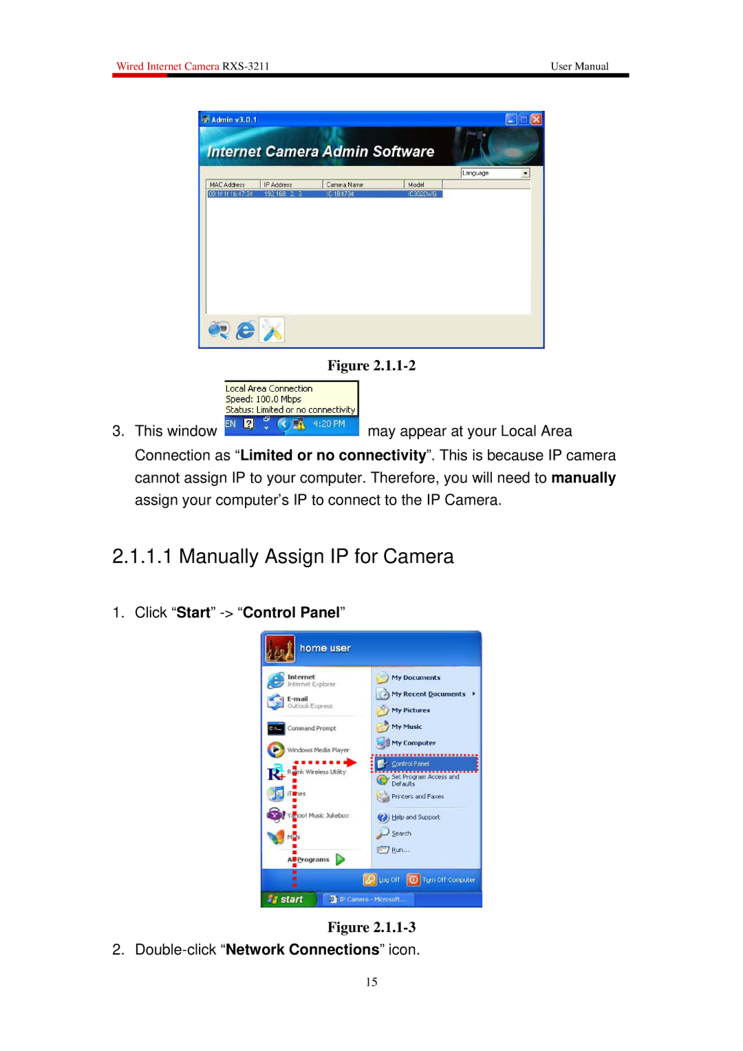 Rosewill RXS-3211 user manual Manually Assign IP for Camera, Double-click Network Connections icon 