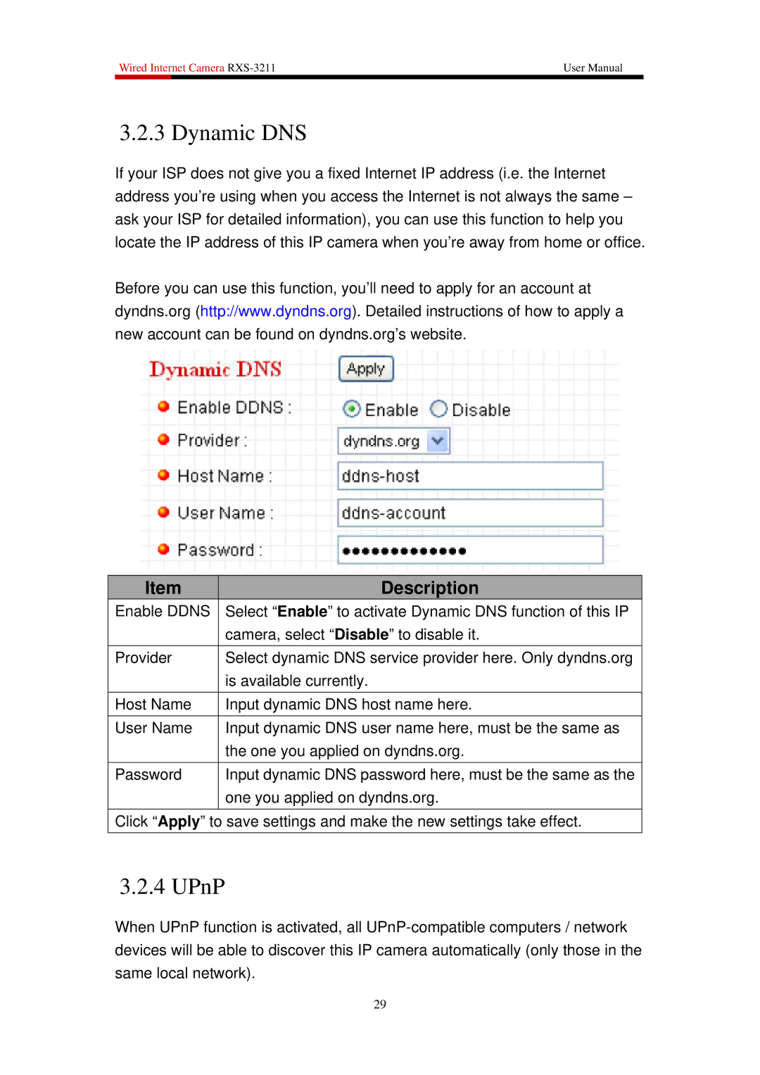 Rosewill RXS-3211 user manual Dynamic DNS, UPnP 