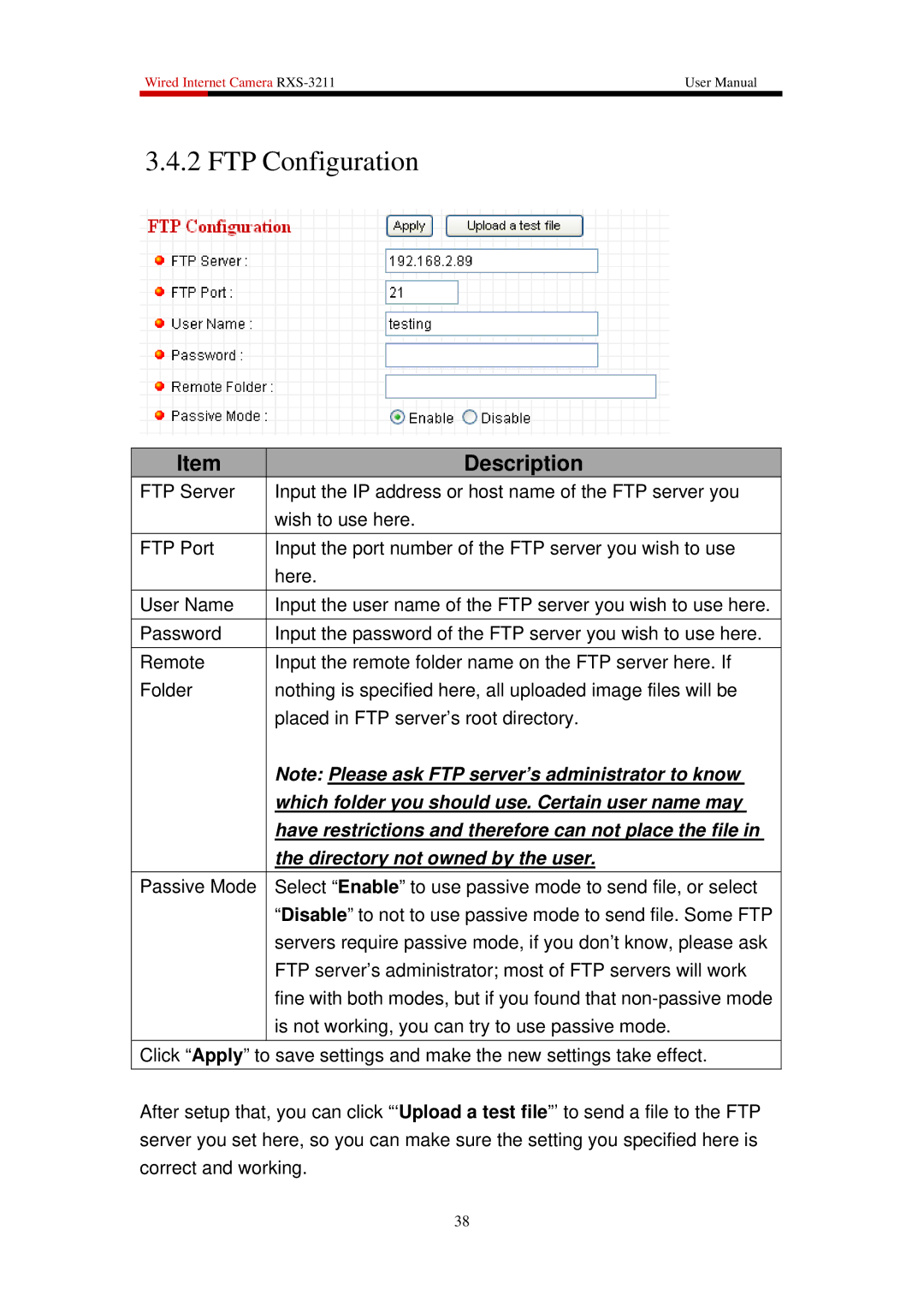 Rosewill RXS-3211 user manual FTP Configuration, Directory not owned by the user 