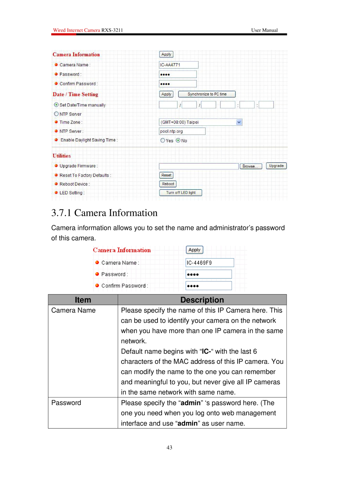 Rosewill RXS-3211 user manual Camera Information 