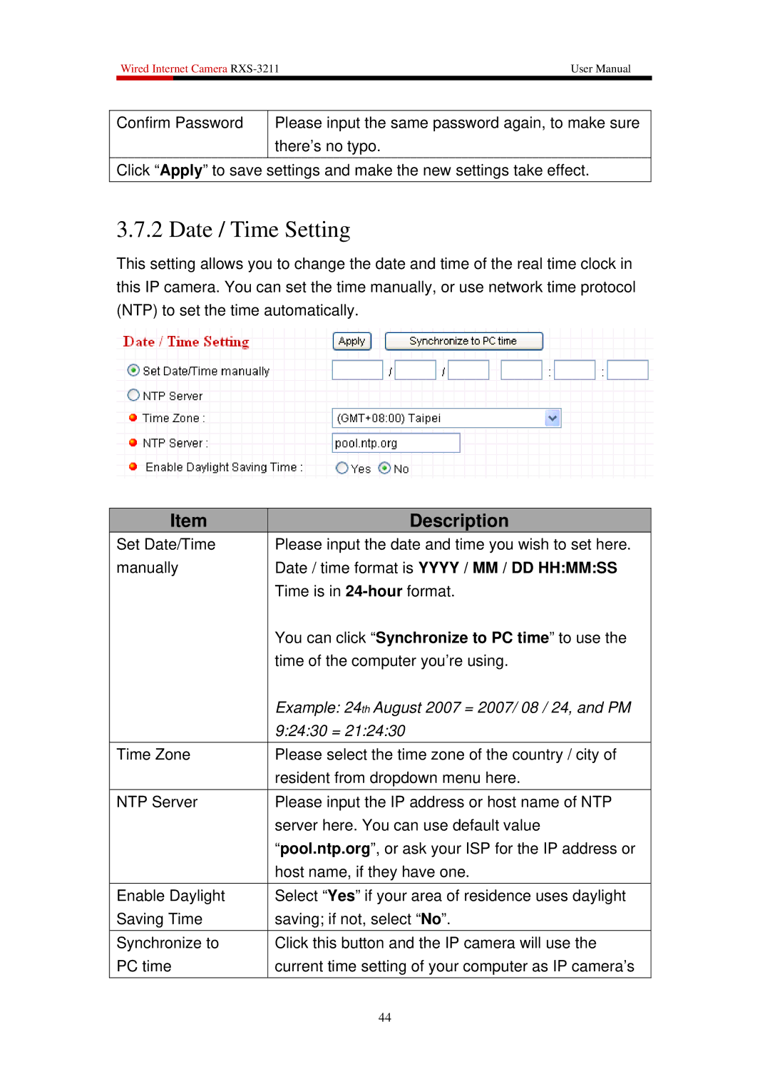 Rosewill RXS-3211 user manual Date / Time Setting, Date / time format is Yyyy / MM / DD Hhmmss 