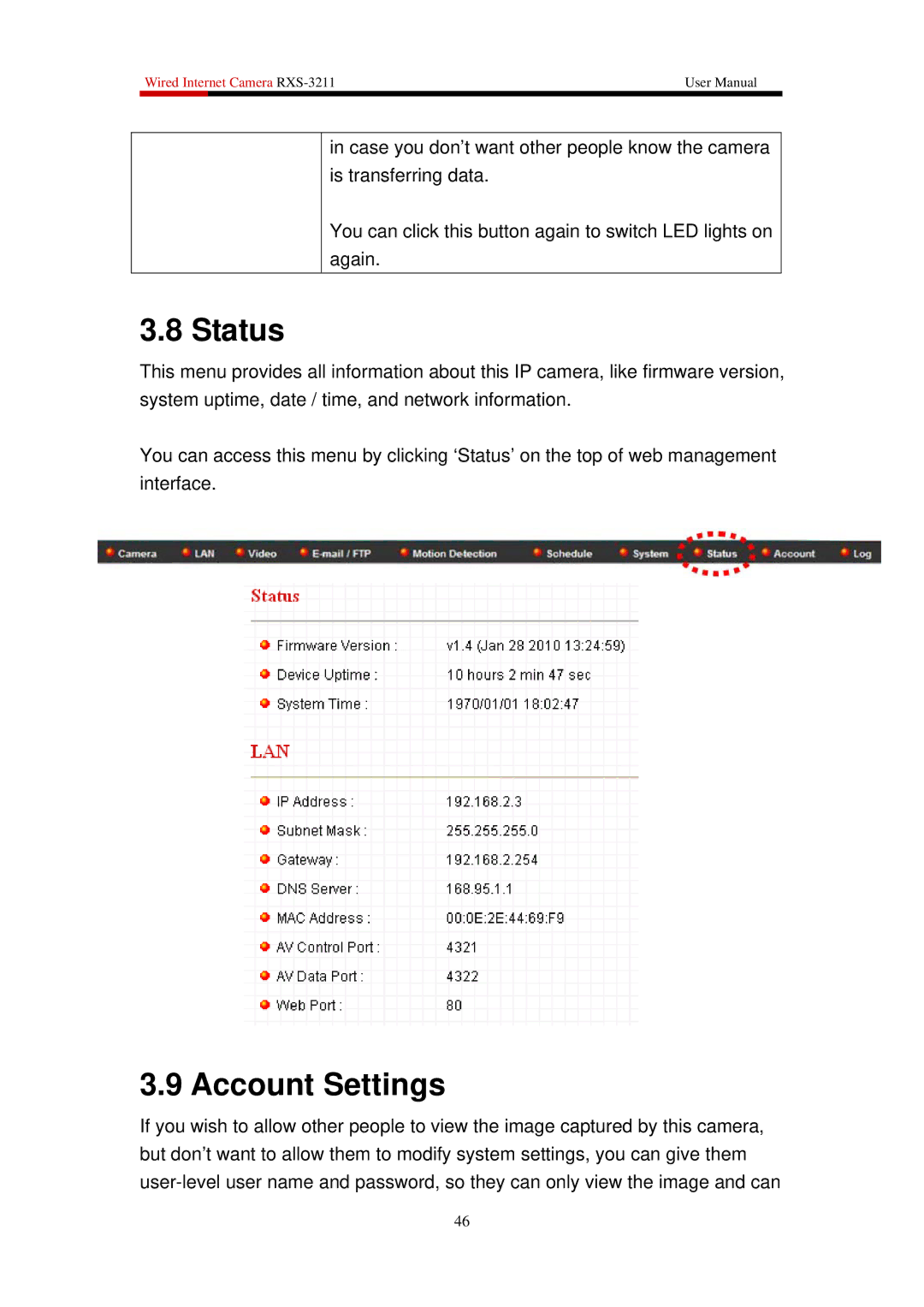 Rosewill RXS-3211 user manual Status, Account Settings 