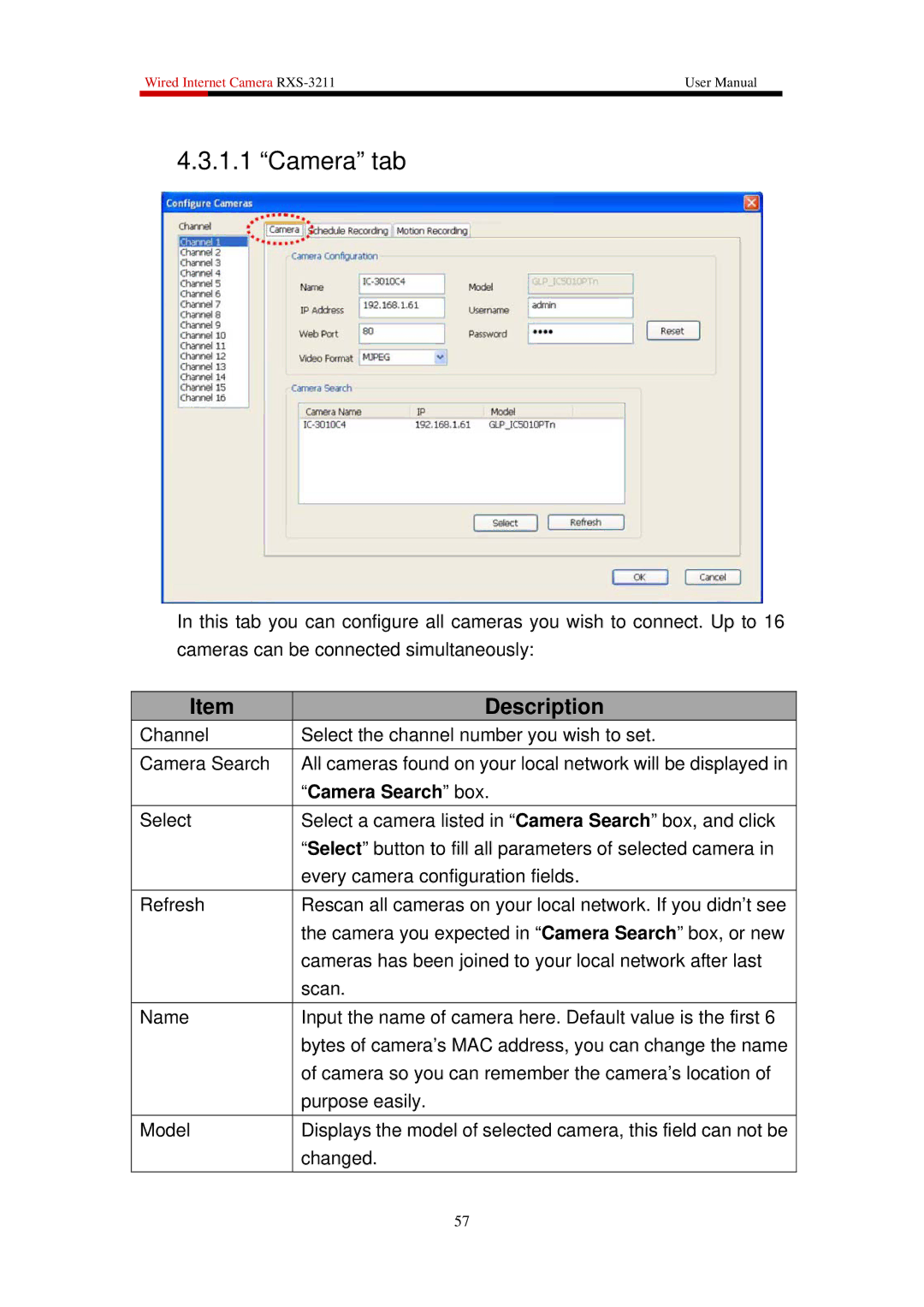 Rosewill RXS-3211 user manual Camera tab, Camera Search box 