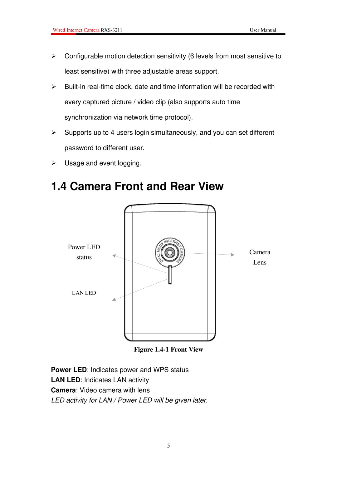 Rosewill RXS-3211 user manual Camera Front and Rear View, LED activity for LAN / Power LED will be given later 