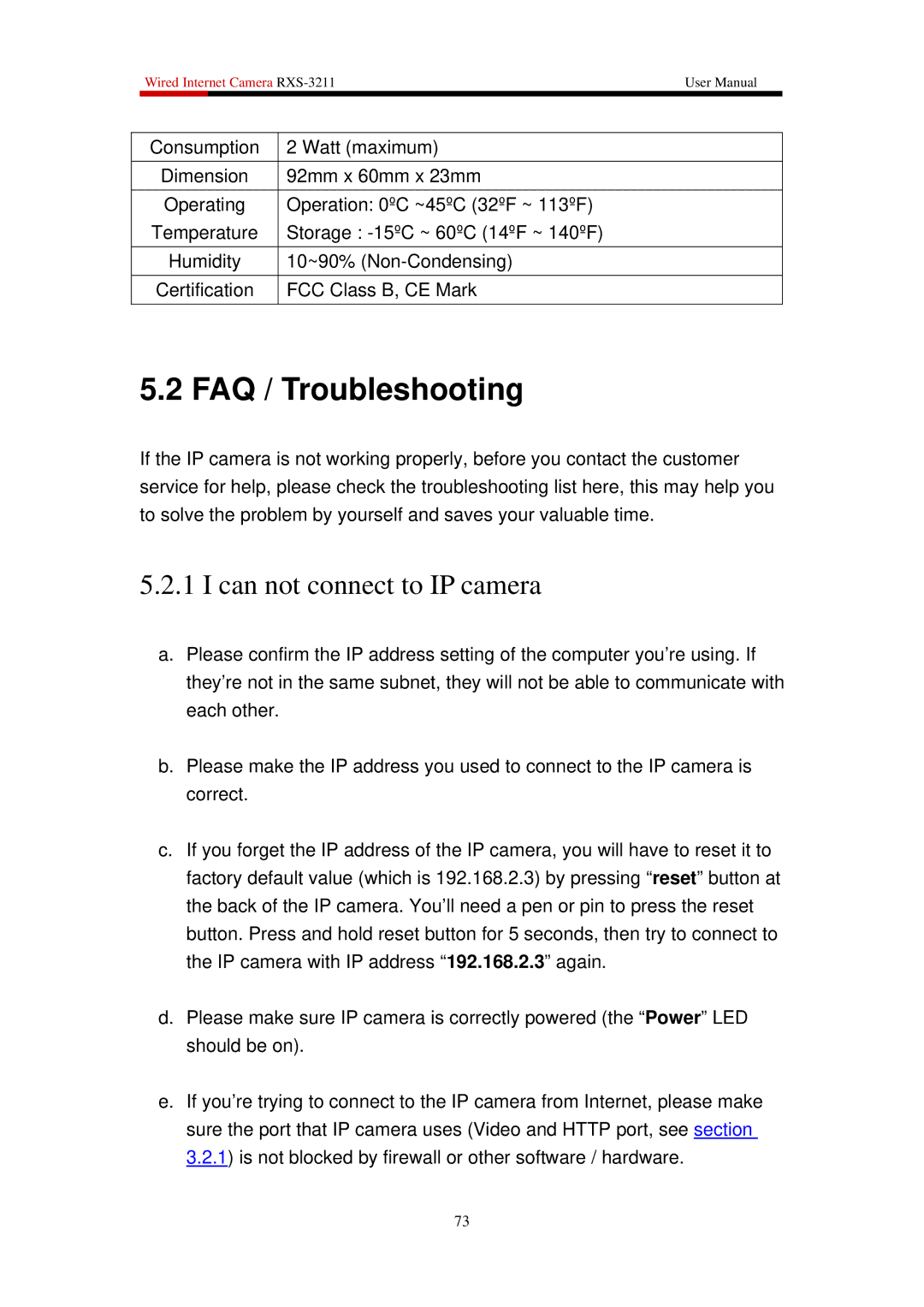 Rosewill RXS-3211 user manual FAQ / Troubleshooting, Can not connect to IP camera 