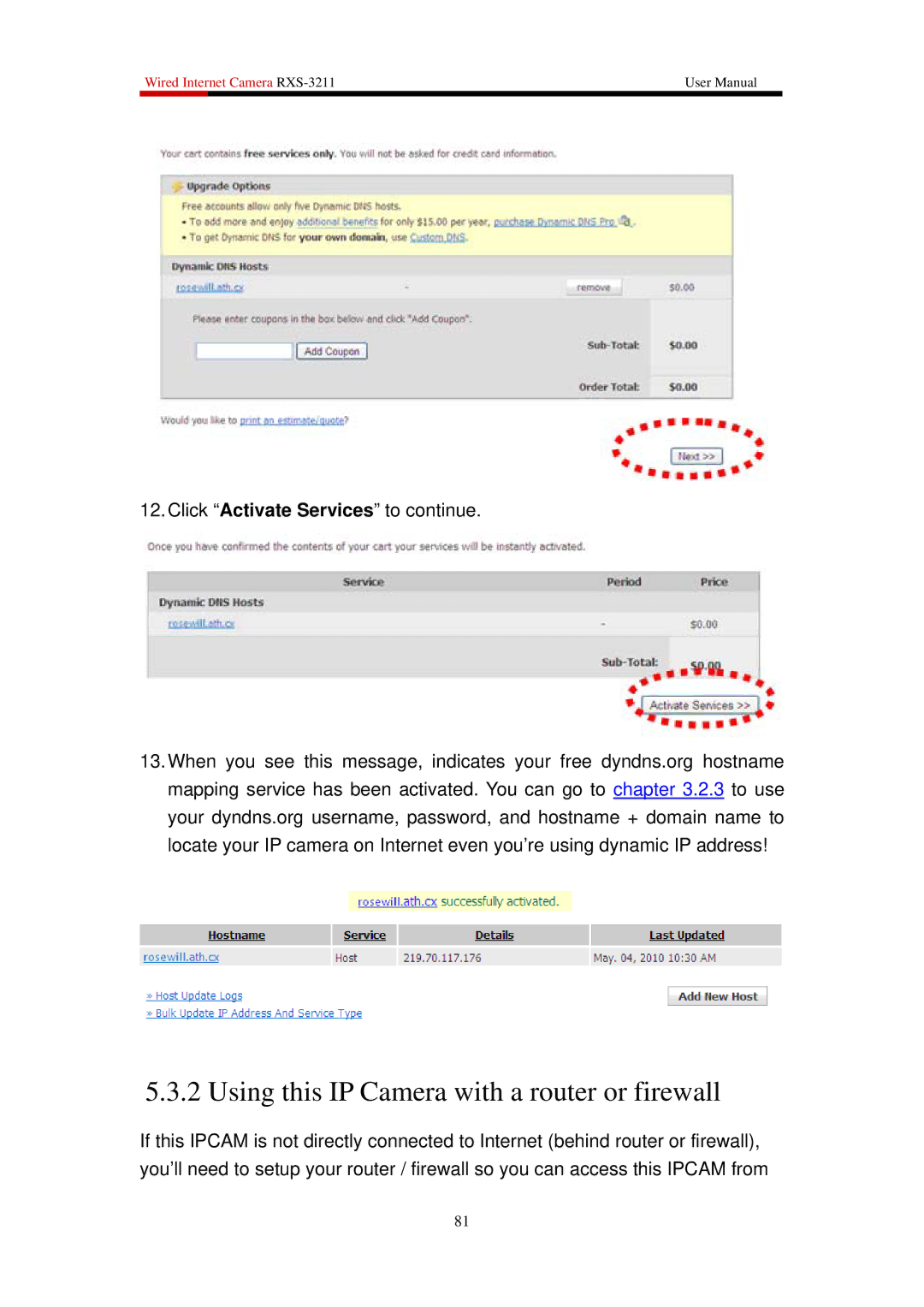 Rosewill RXS-3211 user manual Using this IP Camera with a router or firewall 