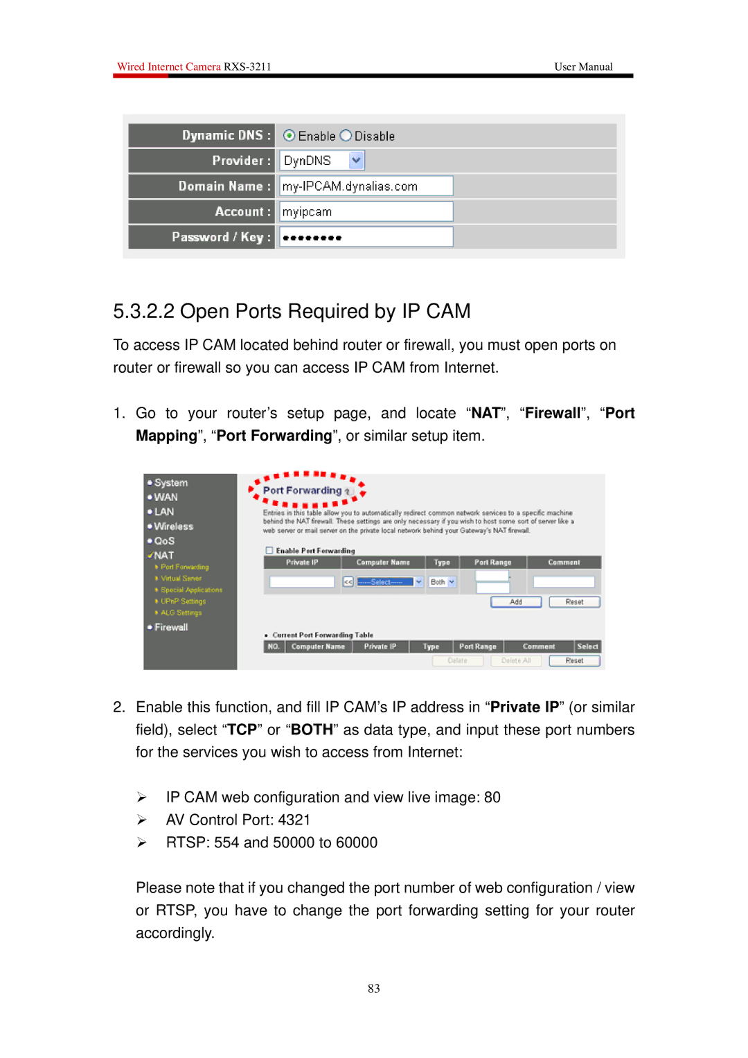 Rosewill RXS-3211 user manual Open Ports Required by IP CAM 