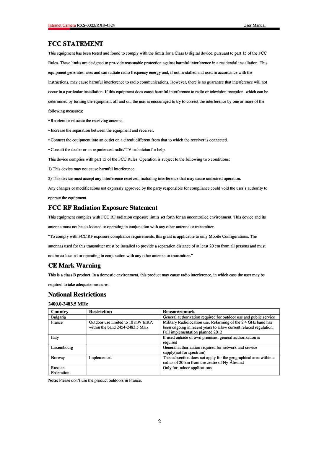 Rosewill RXS-3323 Fcc Statement, FCC RF Radiation Exposure Statement, CE Mark Warning, National Restrictions, Country 