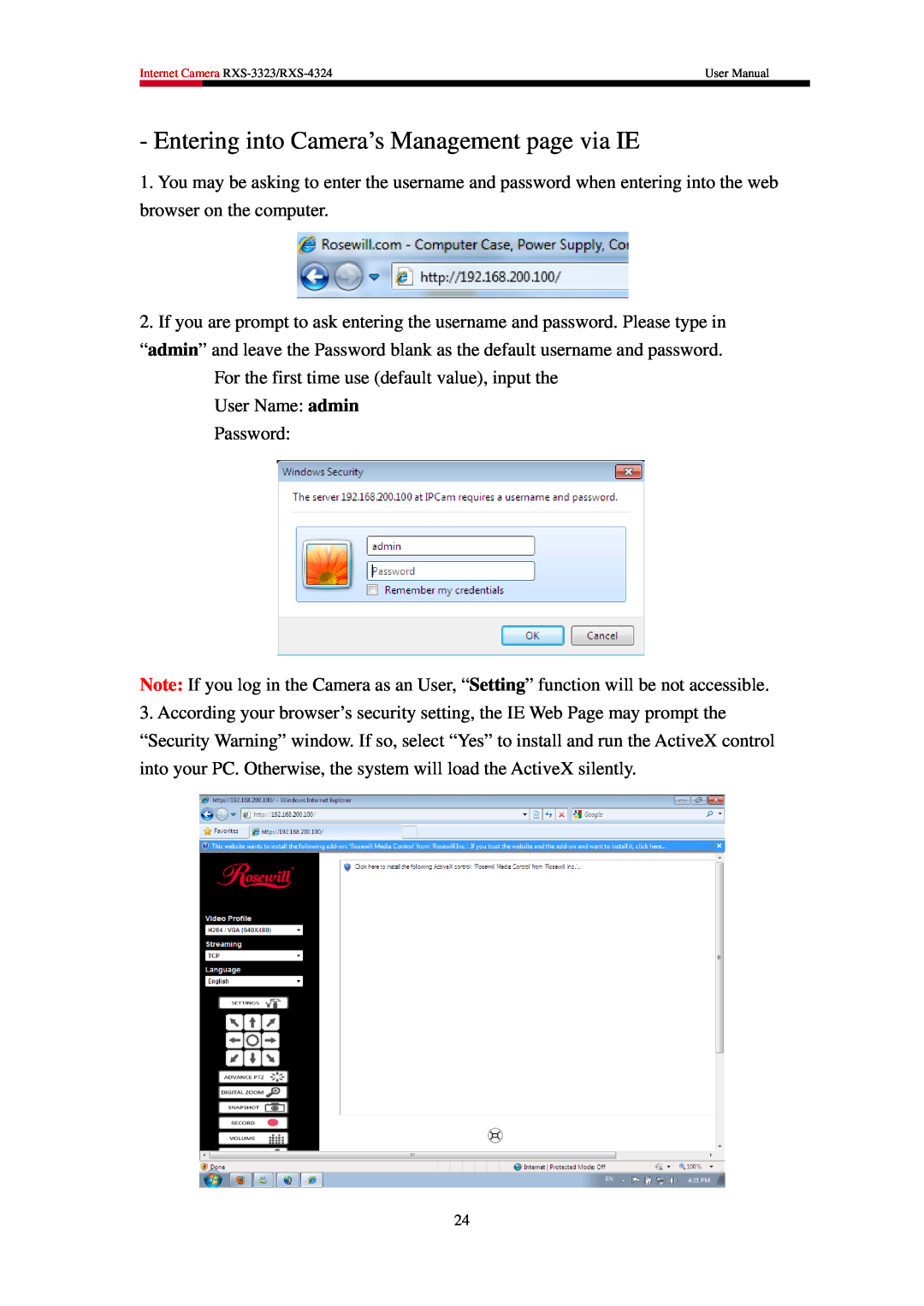 Rosewill RXS-3323, RXS-4324 user manual Entering into Camera’s Management page via IE 