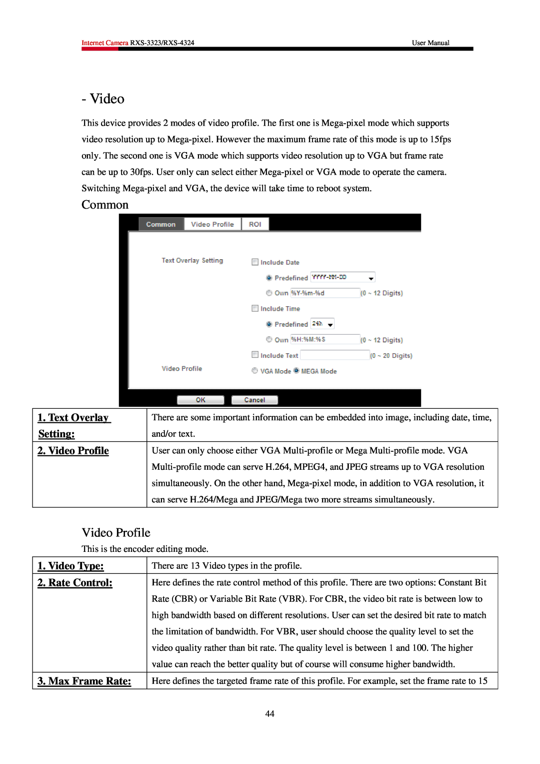 Rosewill RXS-3323, RXS-4324 user manual Common, Text Overlay Setting 2. Video Profile 