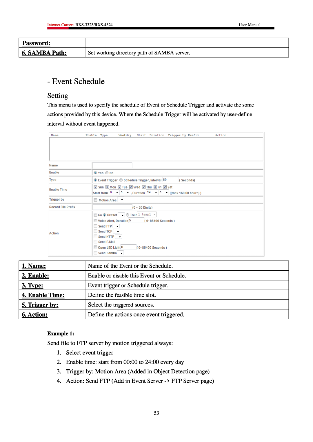 Rosewill RXS-4324, RXS-3323 user manual Event Schedule, Setting, Password 6. SAMBA Path 