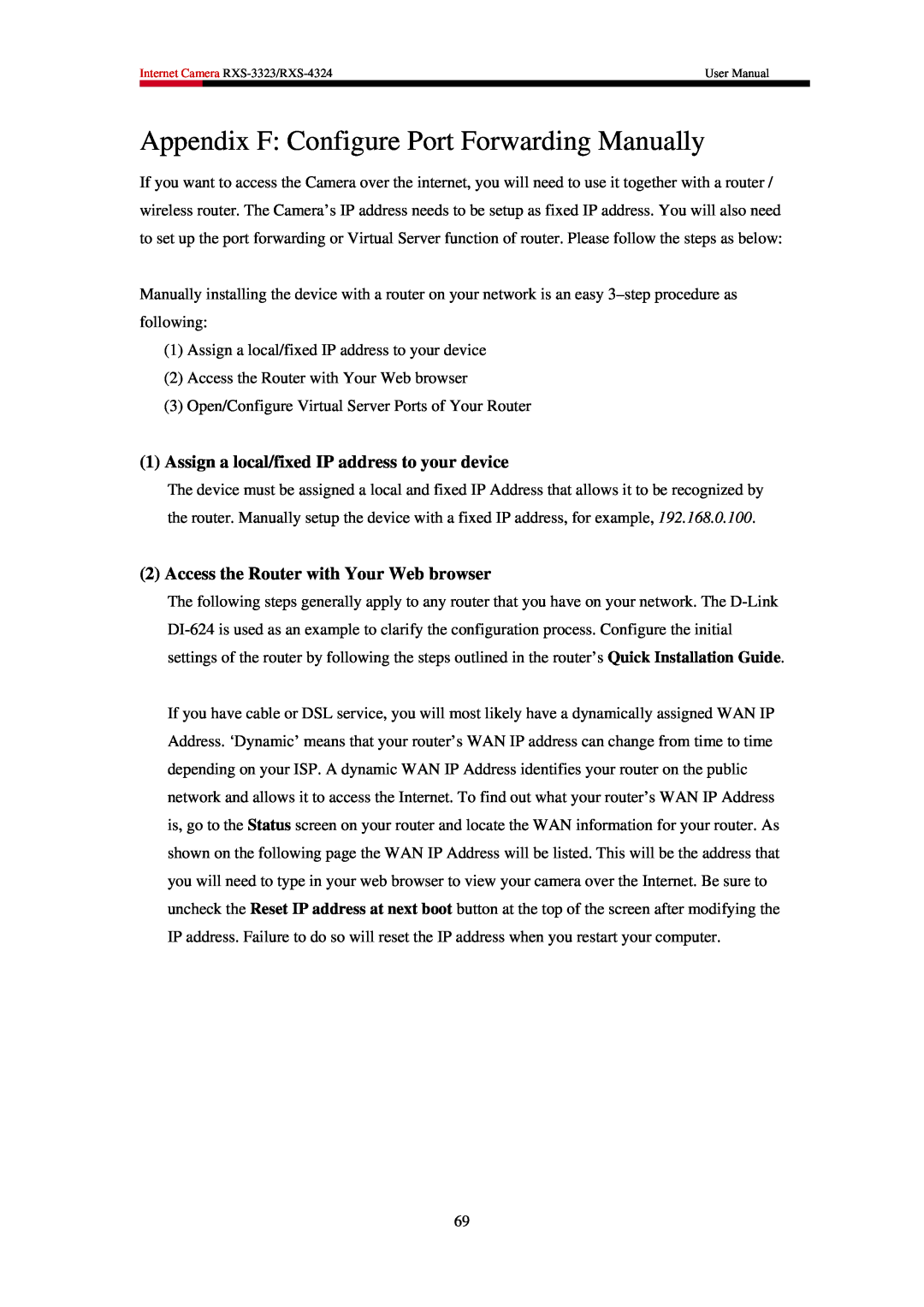 Rosewill RXS-4324, RXS-3323 Appendix F Configure Port Forwarding Manually, Assign a local/fixed IP address to your device 