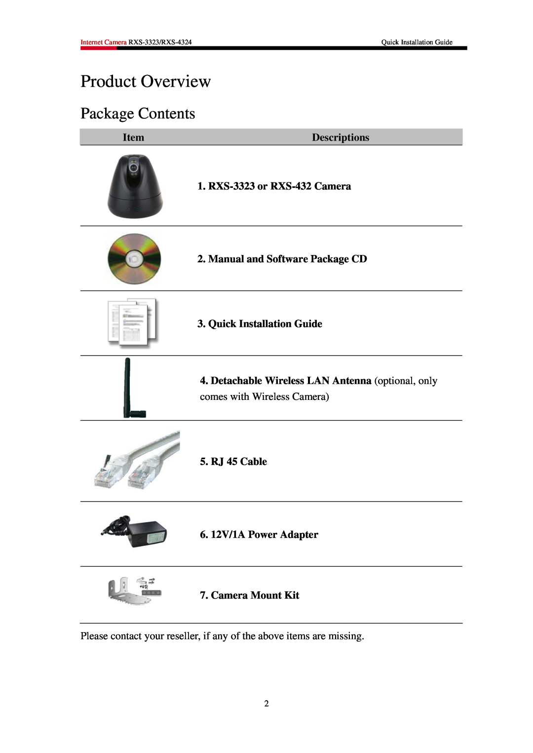 Rosewill manual Product Overview, Package Contents, Internet Camera RXS-3323/RXS-4324, Quick Installation Guide 