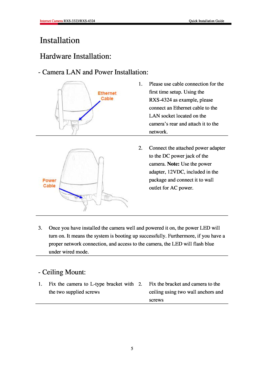 Rosewill RXS-3323 manual Hardware Installation, Camera LAN and Power Installation, Ceiling Mount 