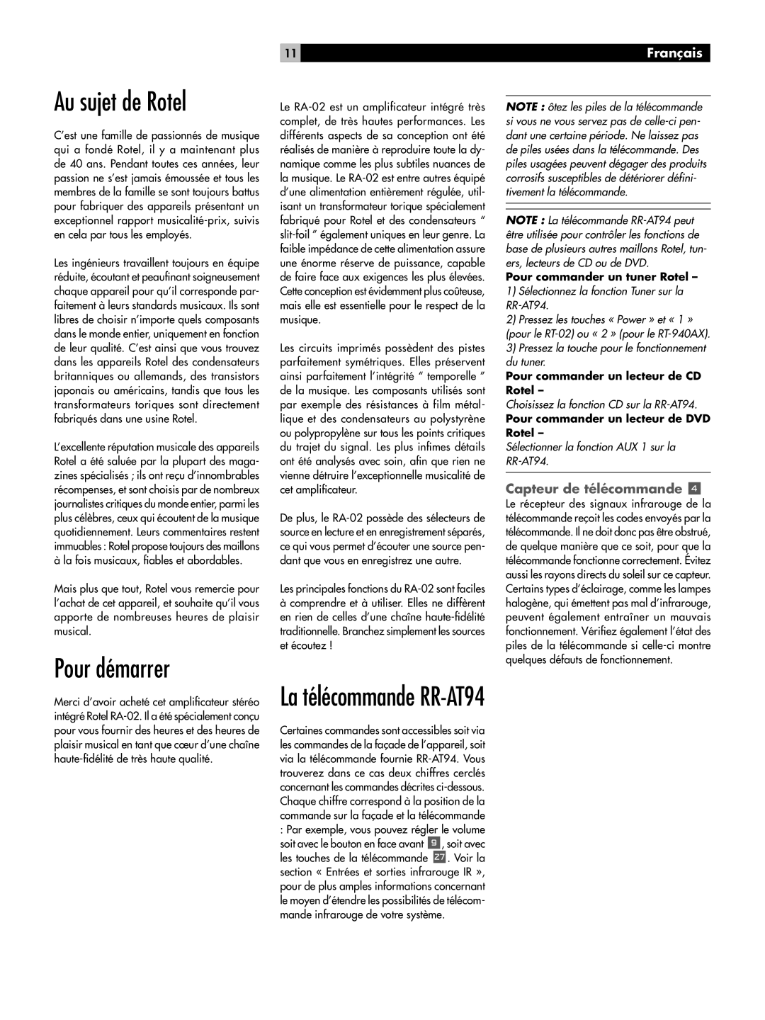 Rotel RA-02 owner manual Au sujet de Rotel, Pour démarrer, La télécommande RR-AT94, Français, Capteur de télécommande 