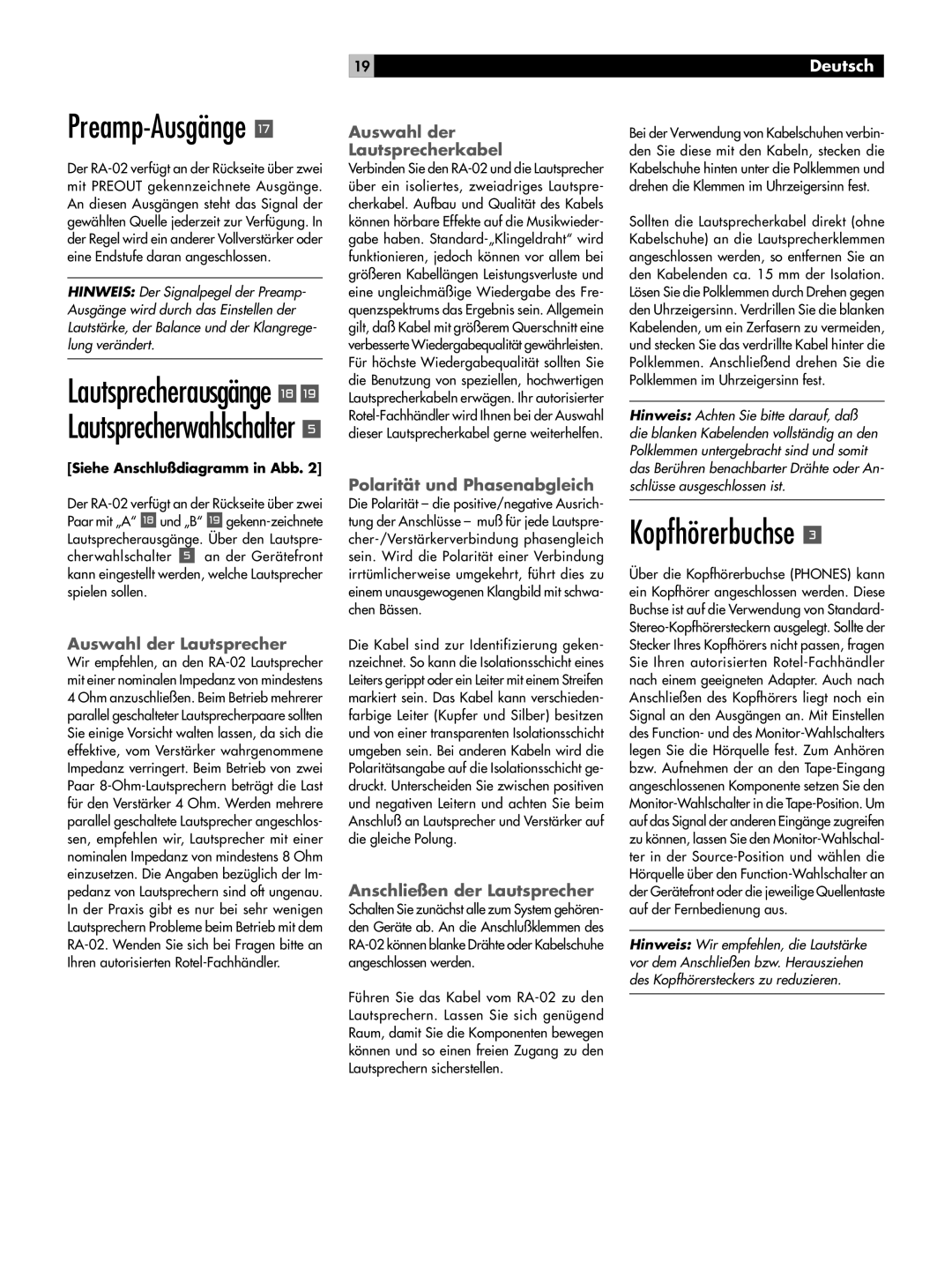 Rotel RA-02 owner manual Kopfhörerbuchse, Preamp-Ausgänge t 