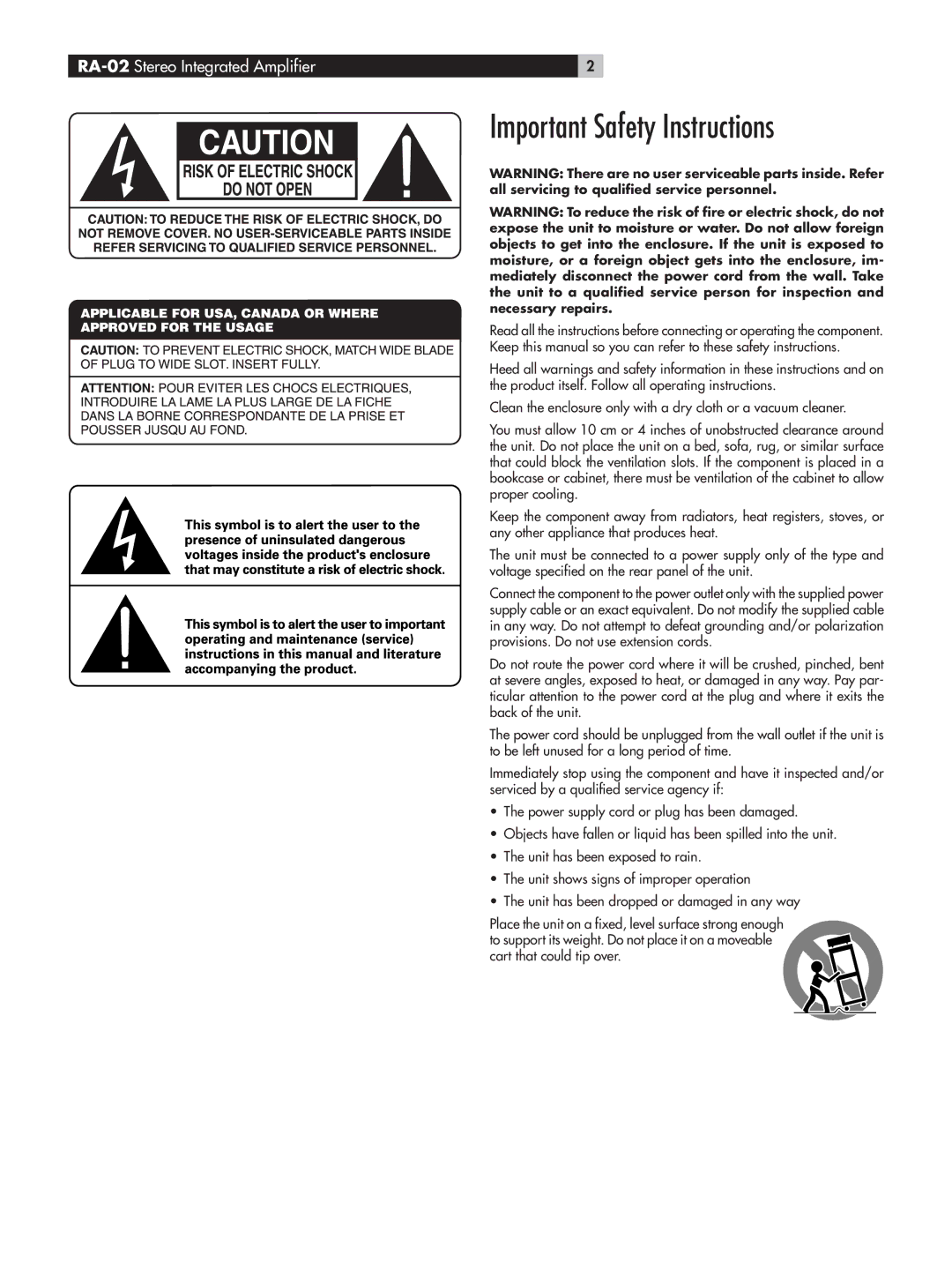 Rotel RA-02 owner manual Important Safety Instructions 