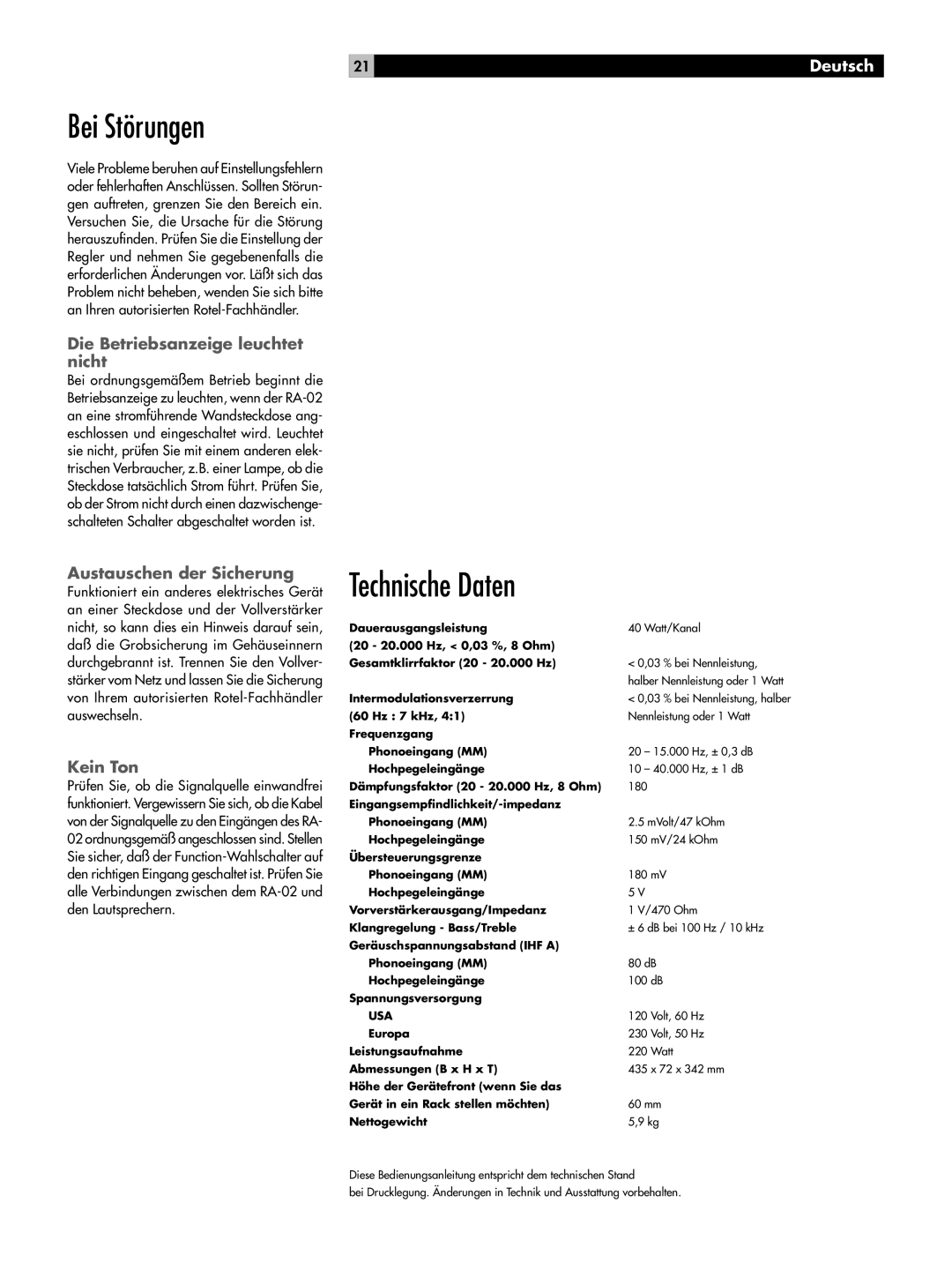 Rotel RA-02 owner manual Bei Störungen, 21Deutsch, Die Betriebsanzeige leuchtet nicht, Austauschen der Sicherung, Kein Ton 