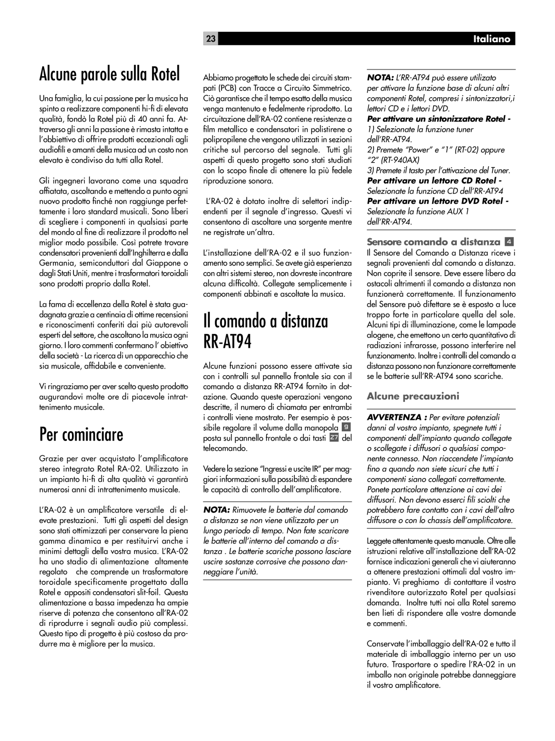 Rotel RA-02 owner manual Per cominciare, Italiano, Sensore comando a distanza, Alcune precauzioni 