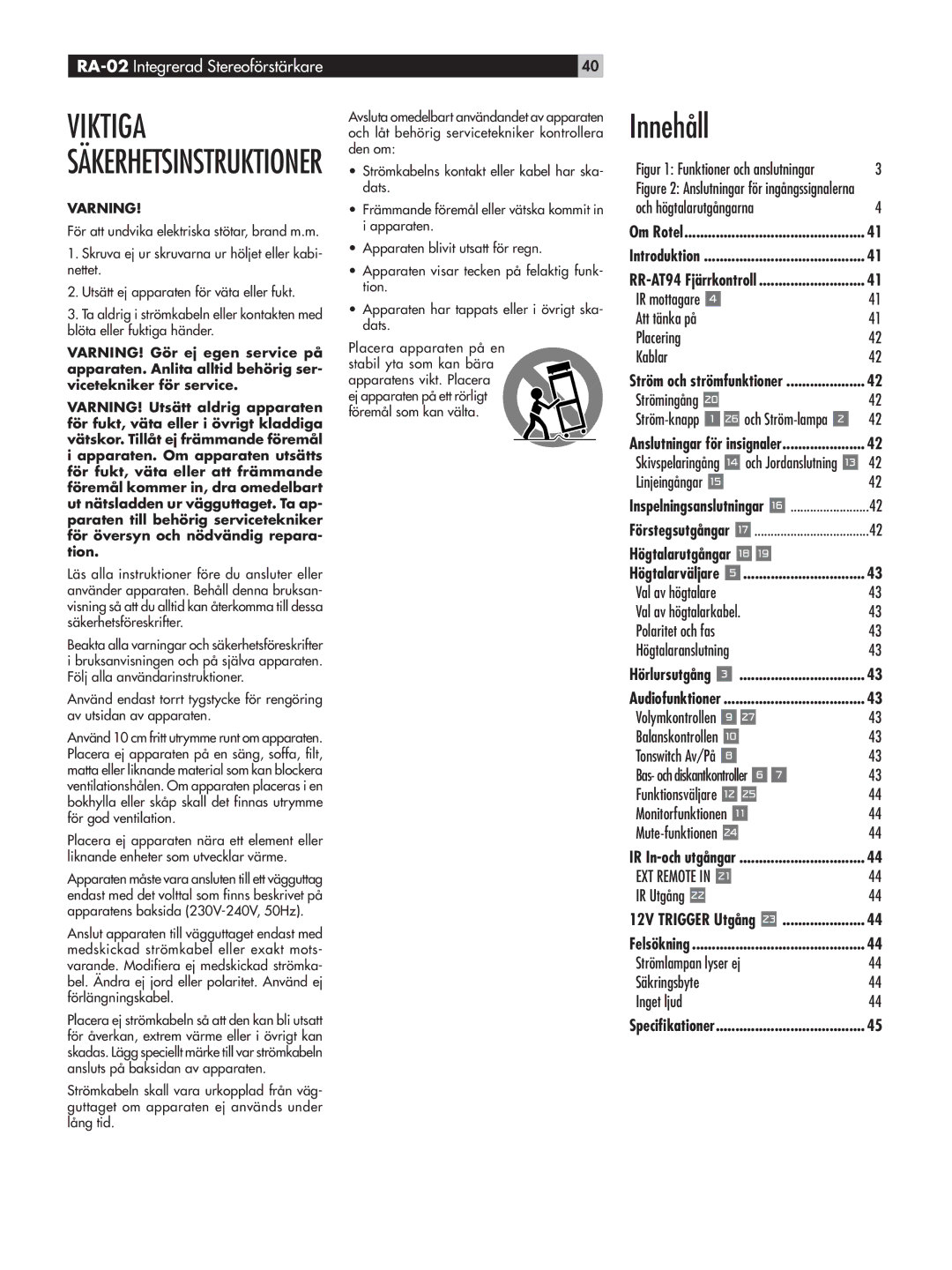 Rotel RA-02 owner manual Innehåll, Viktiga Säkerhetsinstruktioner 