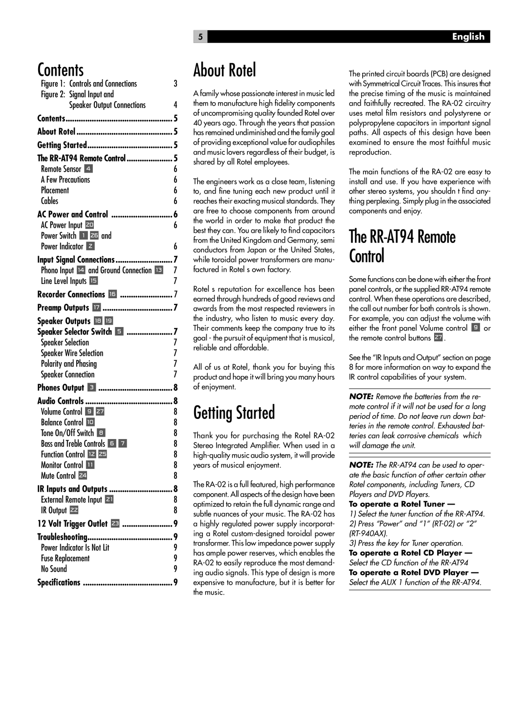 Rotel RA-02 owner manual Contents, About Rotel, Getting Started 