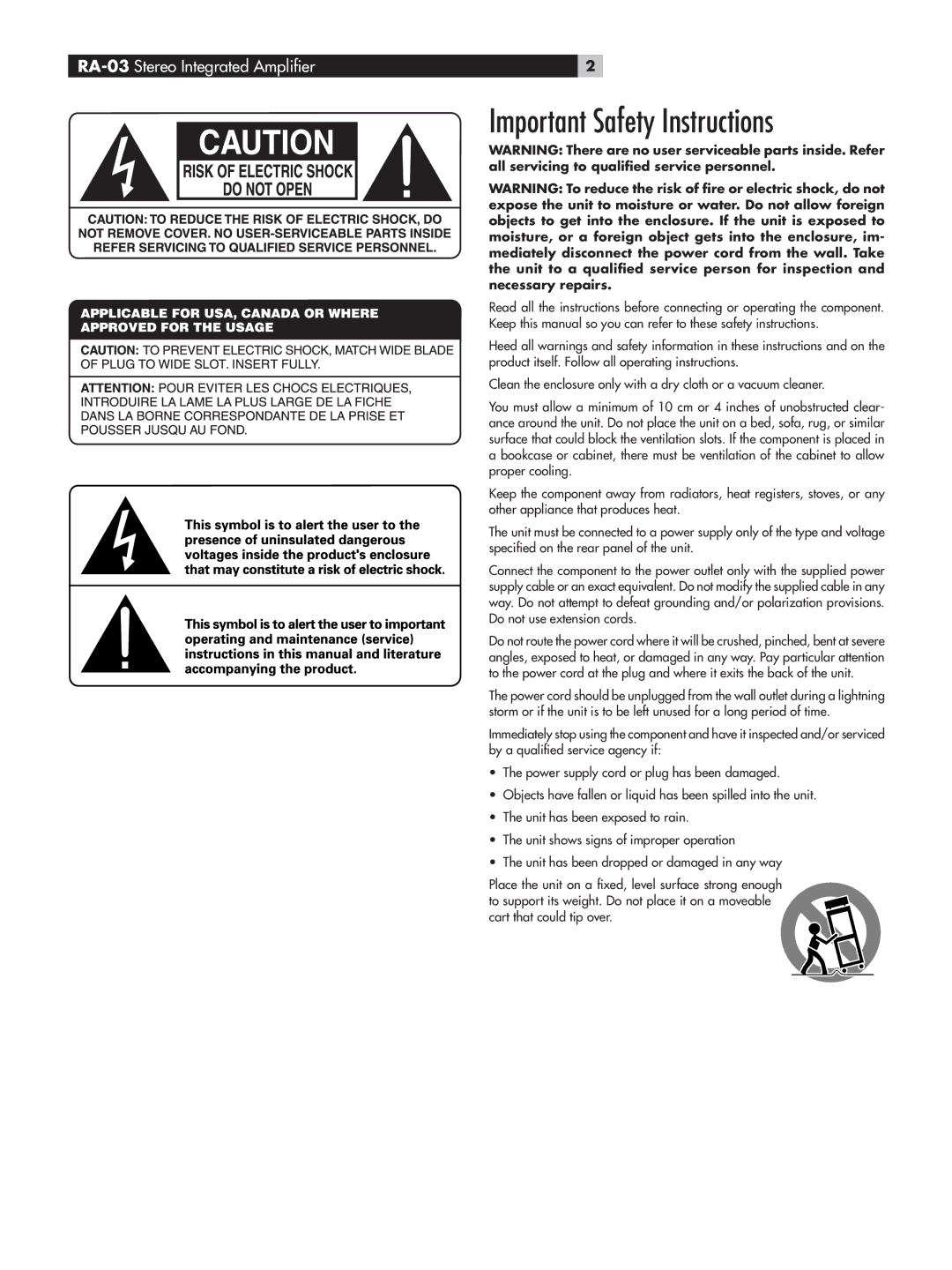 Rotel RA-03 owner manual Important Safety Instructions 