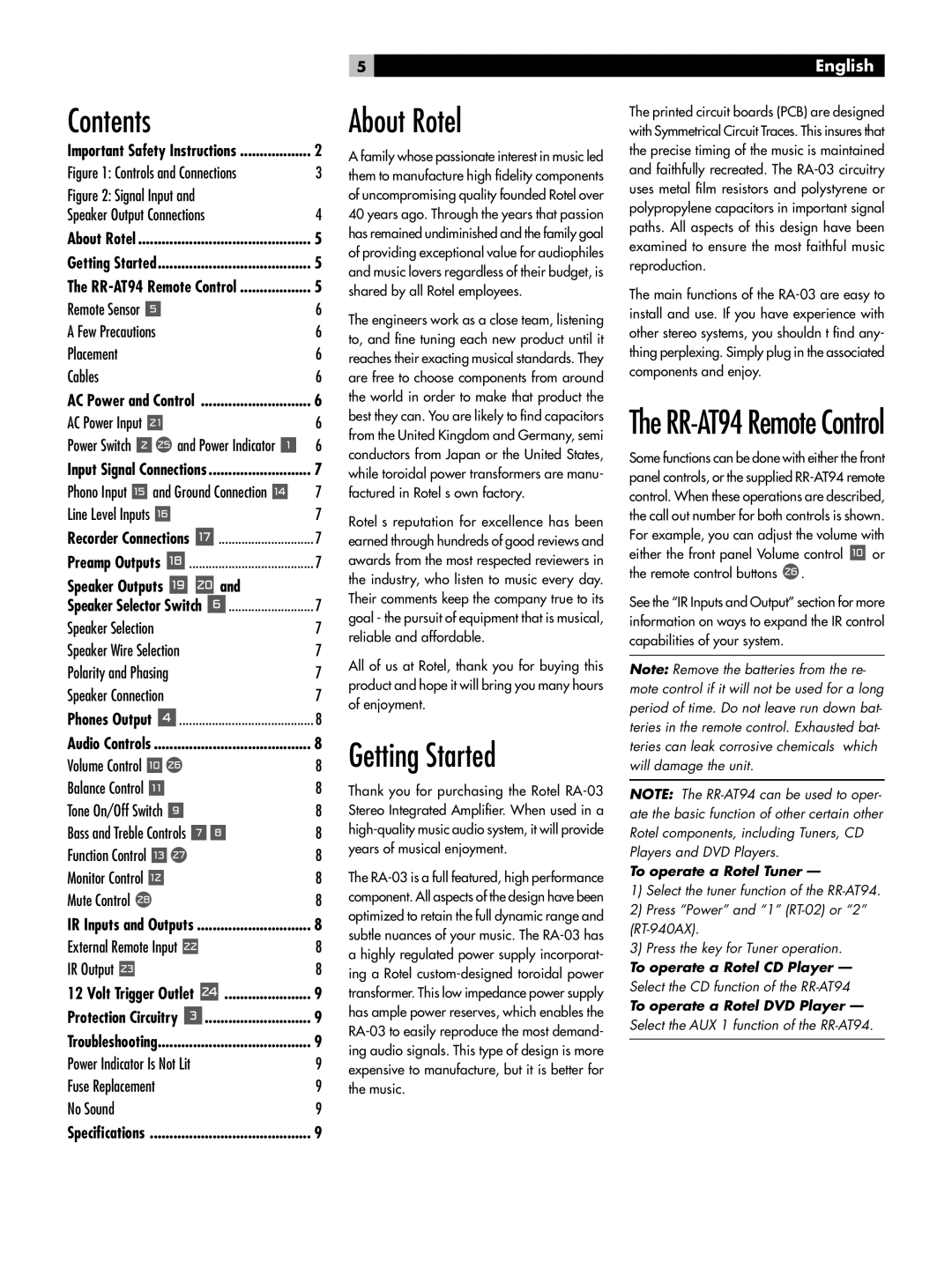 Rotel RA-03 owner manual Contents, About Rotel, Getting Started 