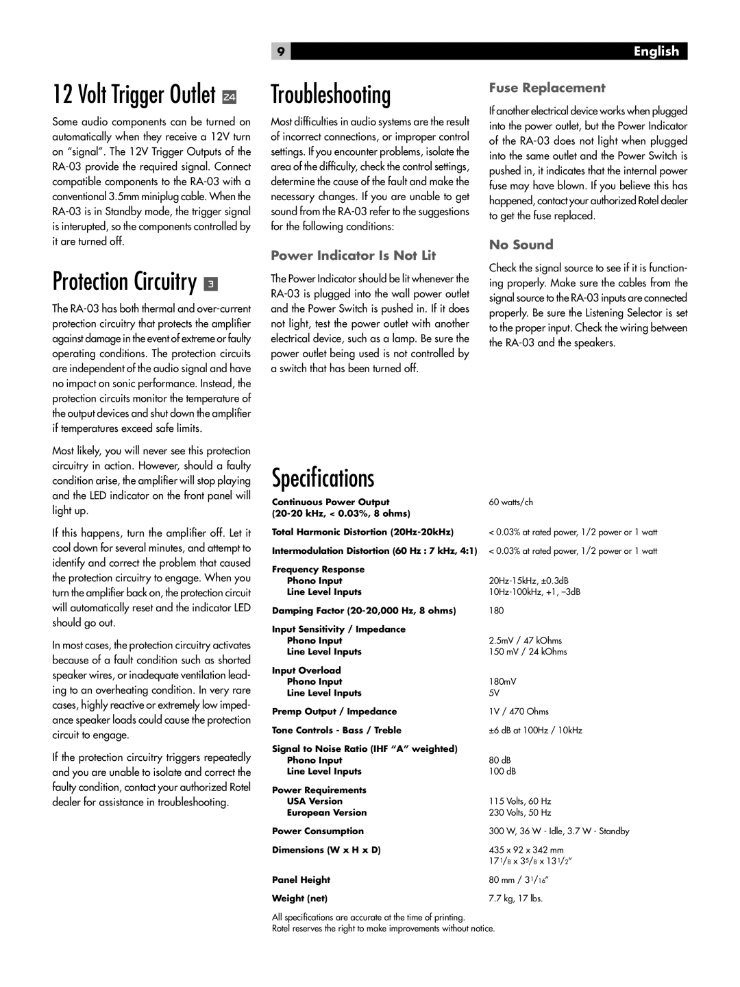 Rotel RA-03 owner manual Troubleshooting, Speciﬁcations, Power Indicator Is Not Lit, Fuse Replacement, No Sound 