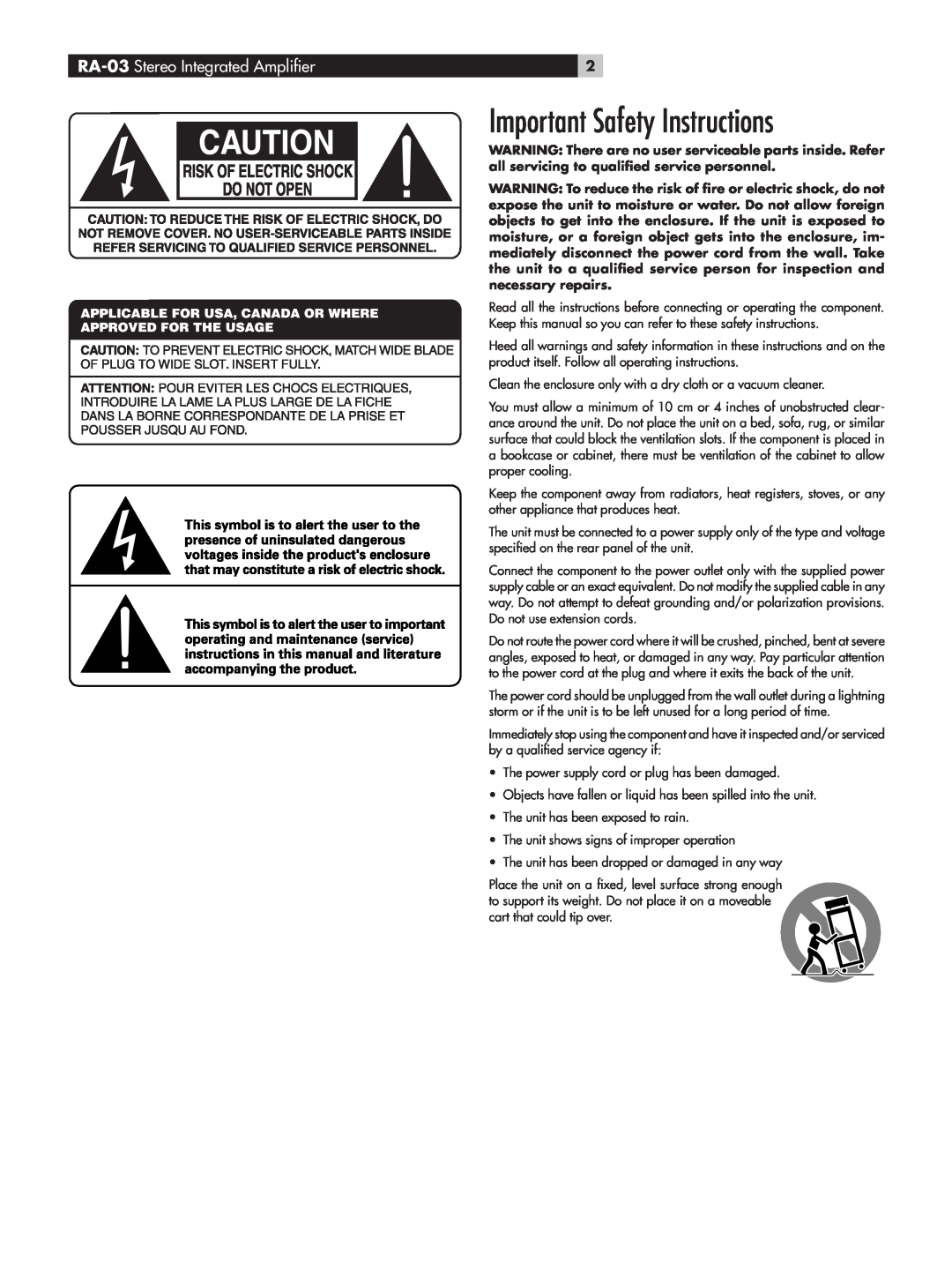 Rotel owner manual Important Safety Instructions, RA-03 Stereo Integrated Ampliﬁer 