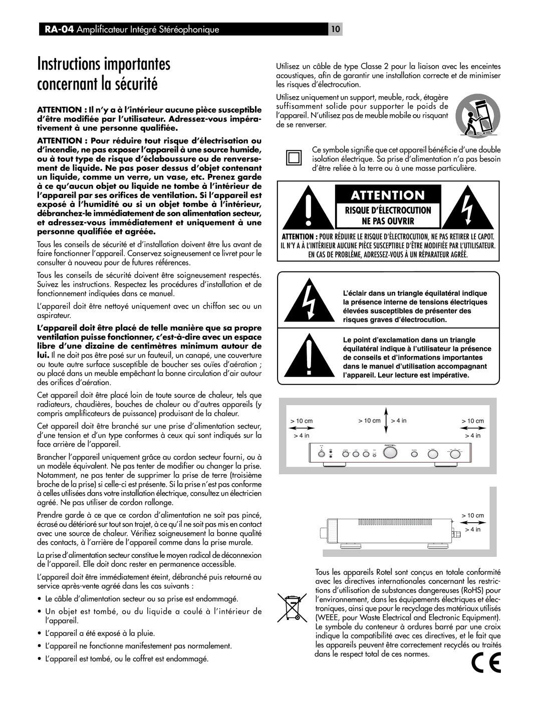 Rotel RA-04 owner manual Instructions importantes concernant la sécurité 