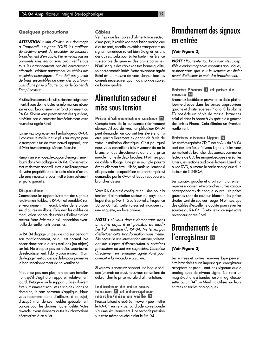 Rotel RA-04 owner manual Branchement des signaux en entrée, Branchements de l’enregistreur t 