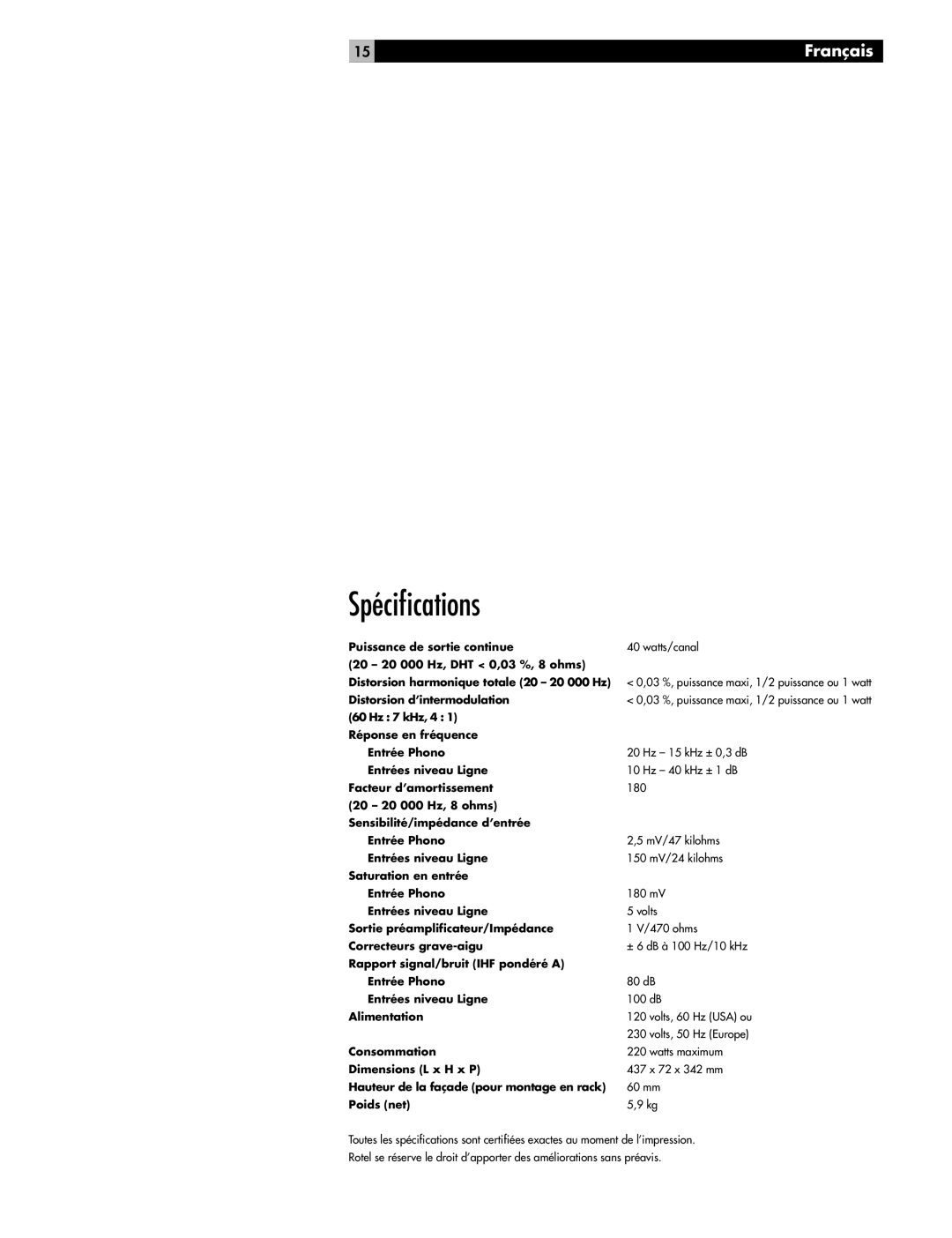 Rotel RA-04 owner manual Spéciﬁcations 