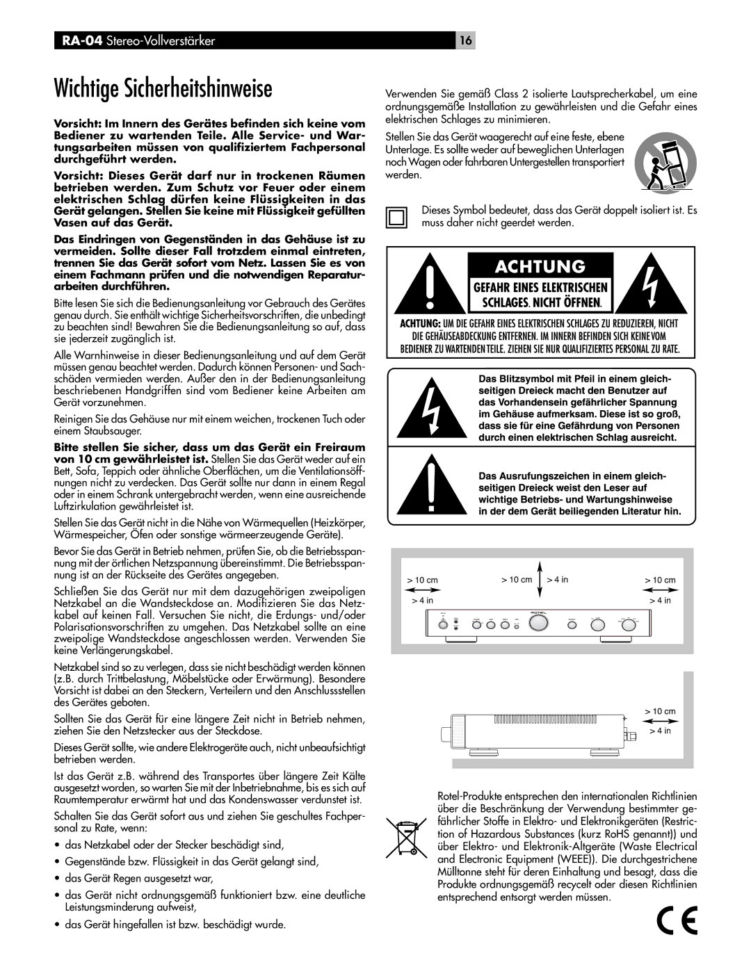 Rotel RA-04 owner manual Wichtige Sicherheitshinweise 